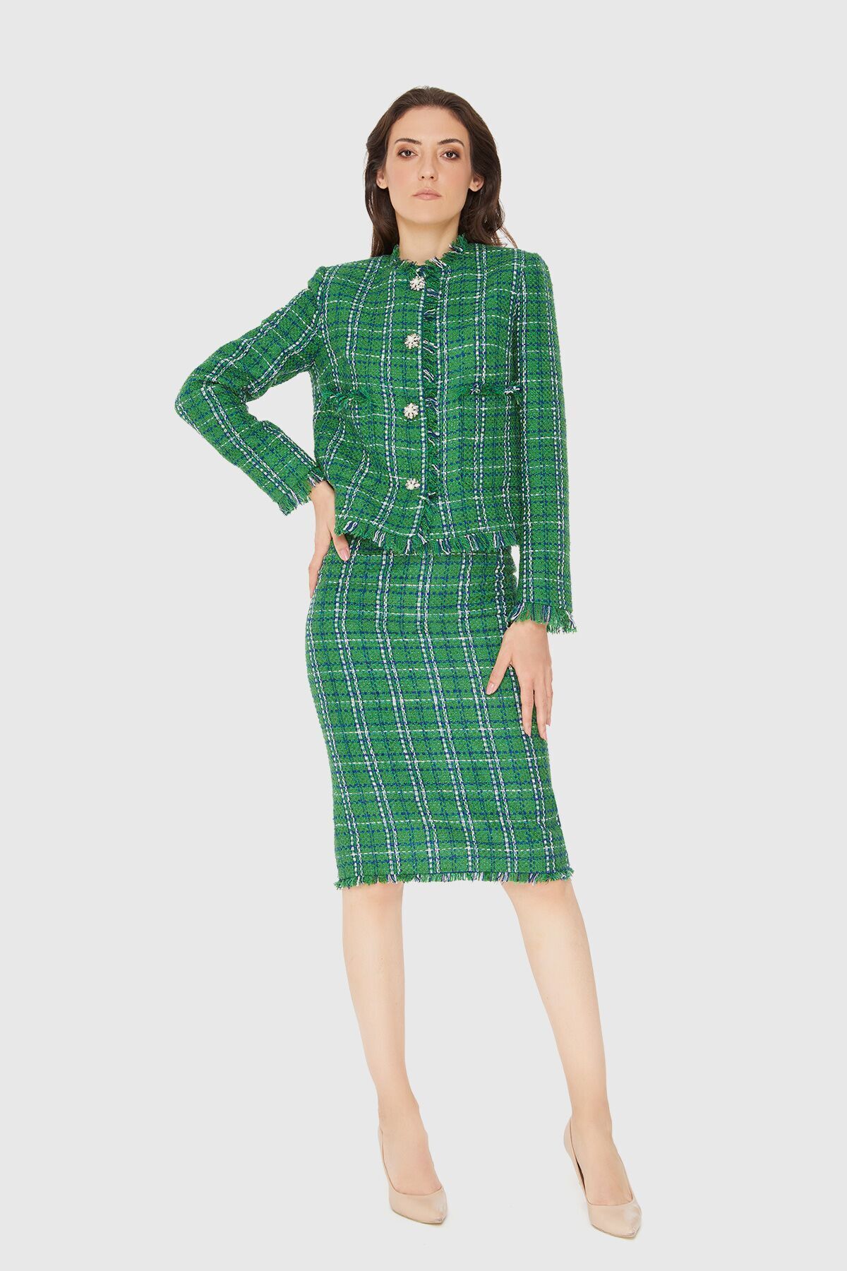 Stone Button Detailed Plaid Pattern Tweed Green Set