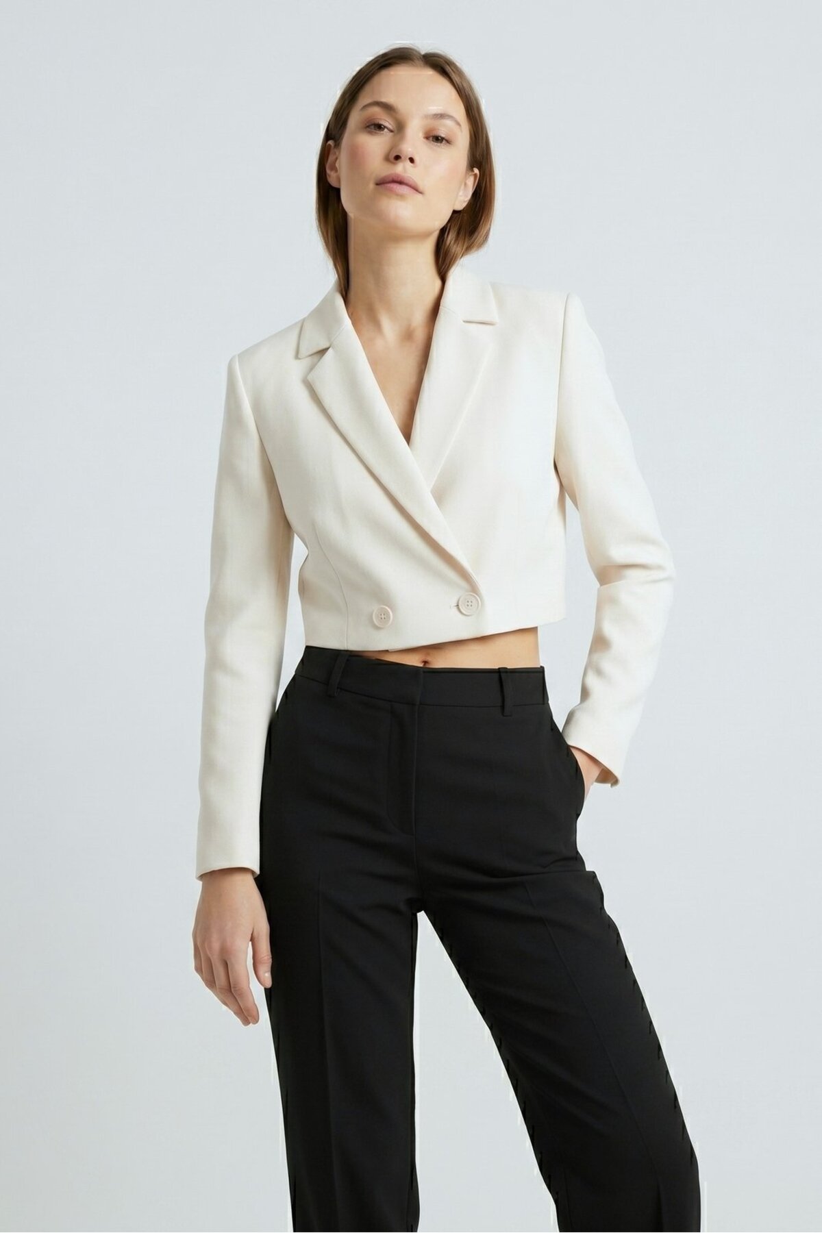 Saade  Kadın Regular Fit Kruvaze Kapama Dokuma Crop Blazer Ceket -Şık & Spor - Görsel 4