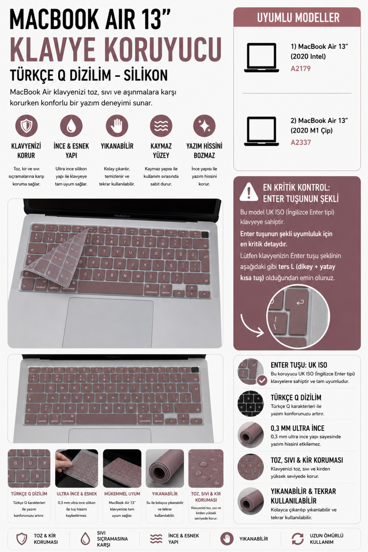 Macbook Air M1 Case 13inch Keyboard Protector Compatible with Turkish Q Letter Printed TouchID A2179 A2337