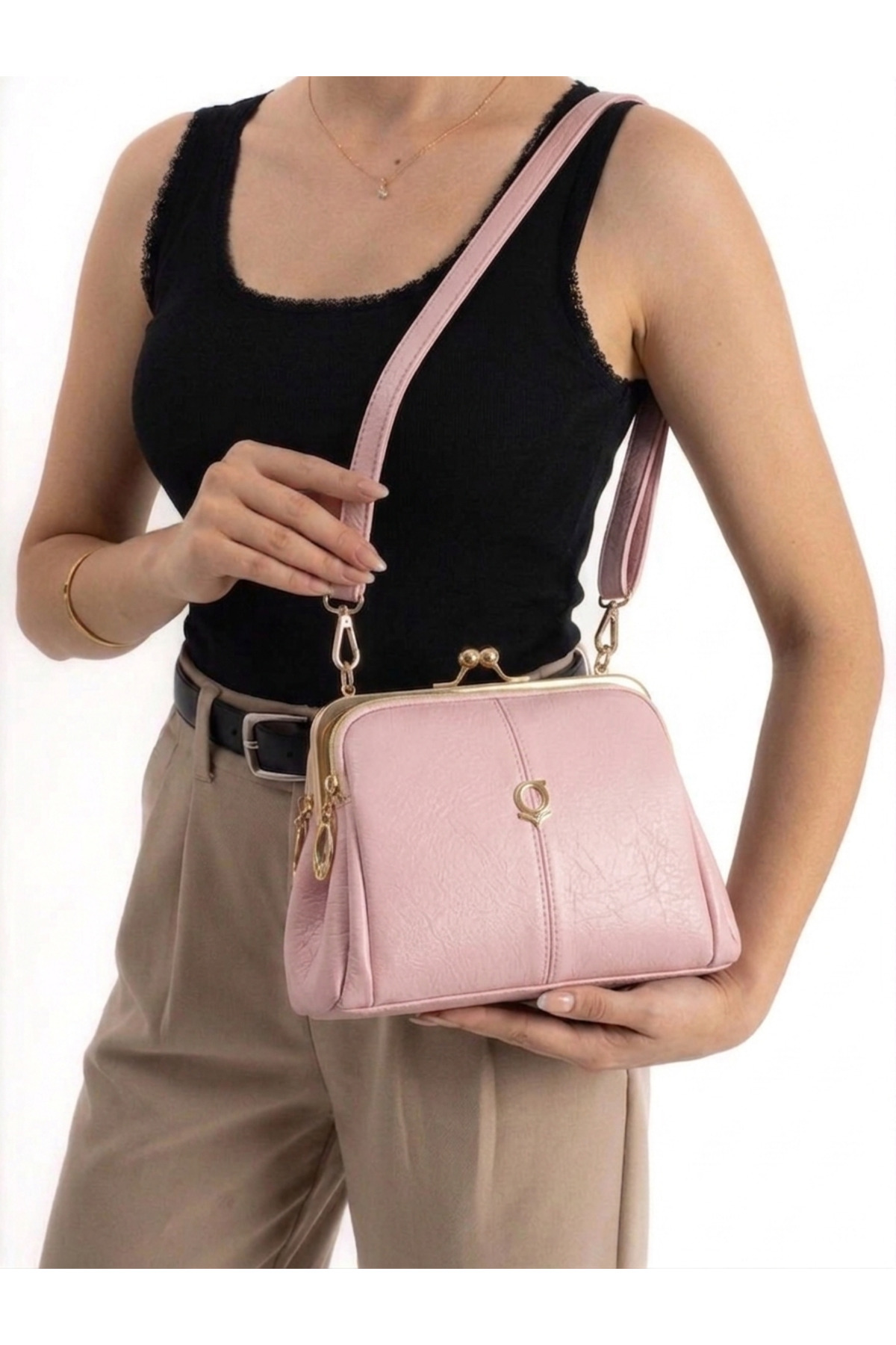 Powder Pink MARSİLYA Washed-Leather Women's Shoulder and Crossbody Bag with Pleated Detail görünüm 2