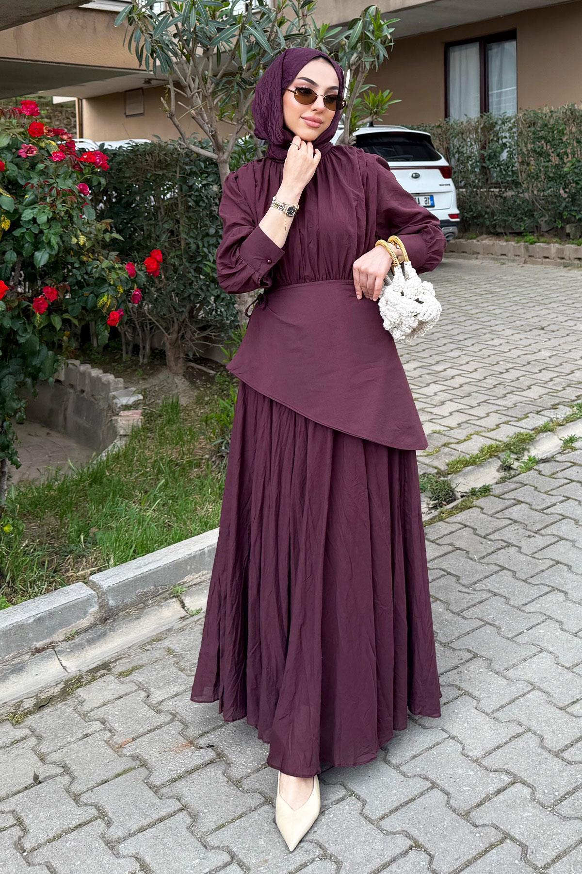 MELEK ARAZ Cape Belted Voile Crush Dress - Burgundy