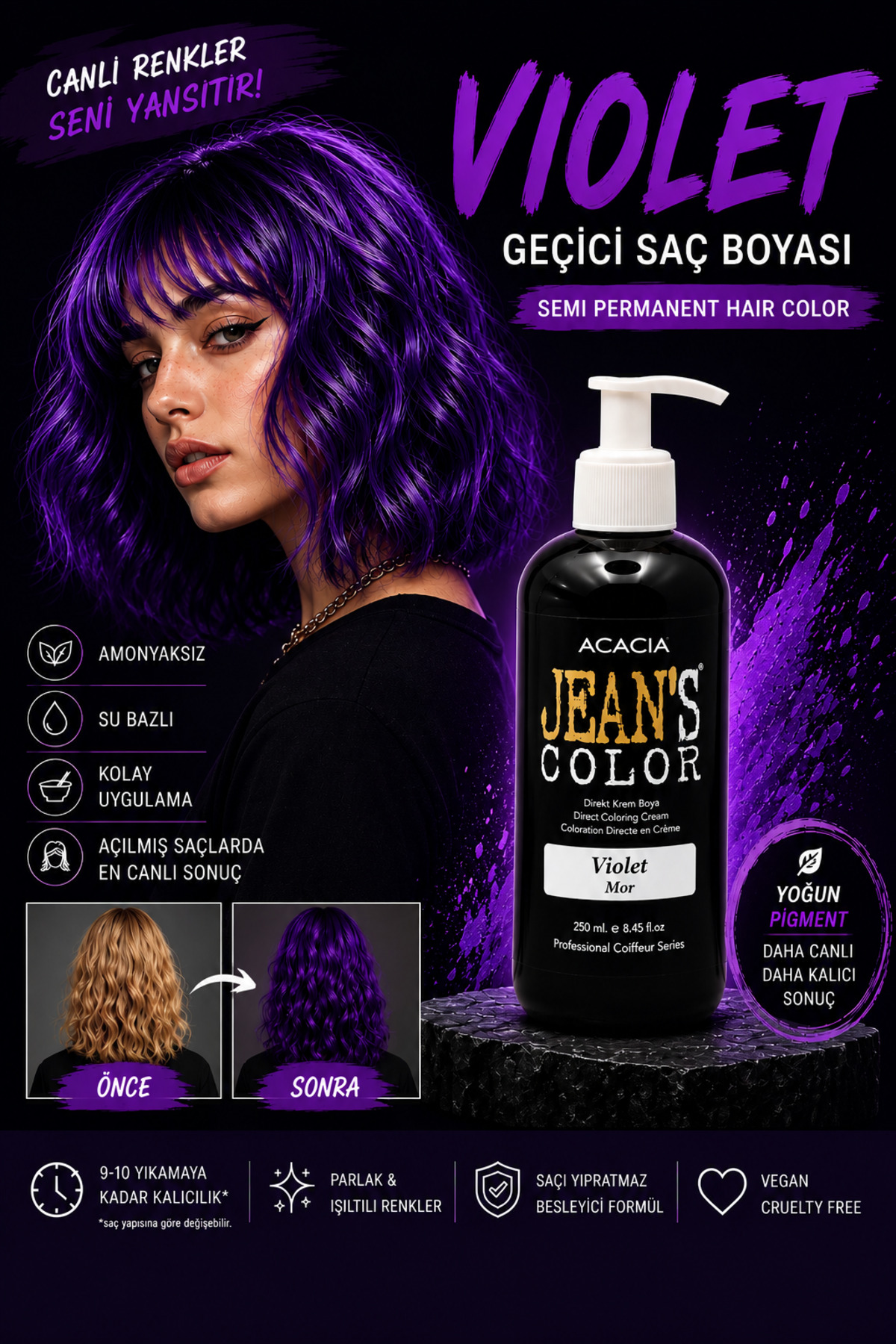 jeans color Amonyaksız Renkli Saç Boyası Mor 250ml. Kokusuz Su bazlı Violet Hair Dye — بنفش 22222
