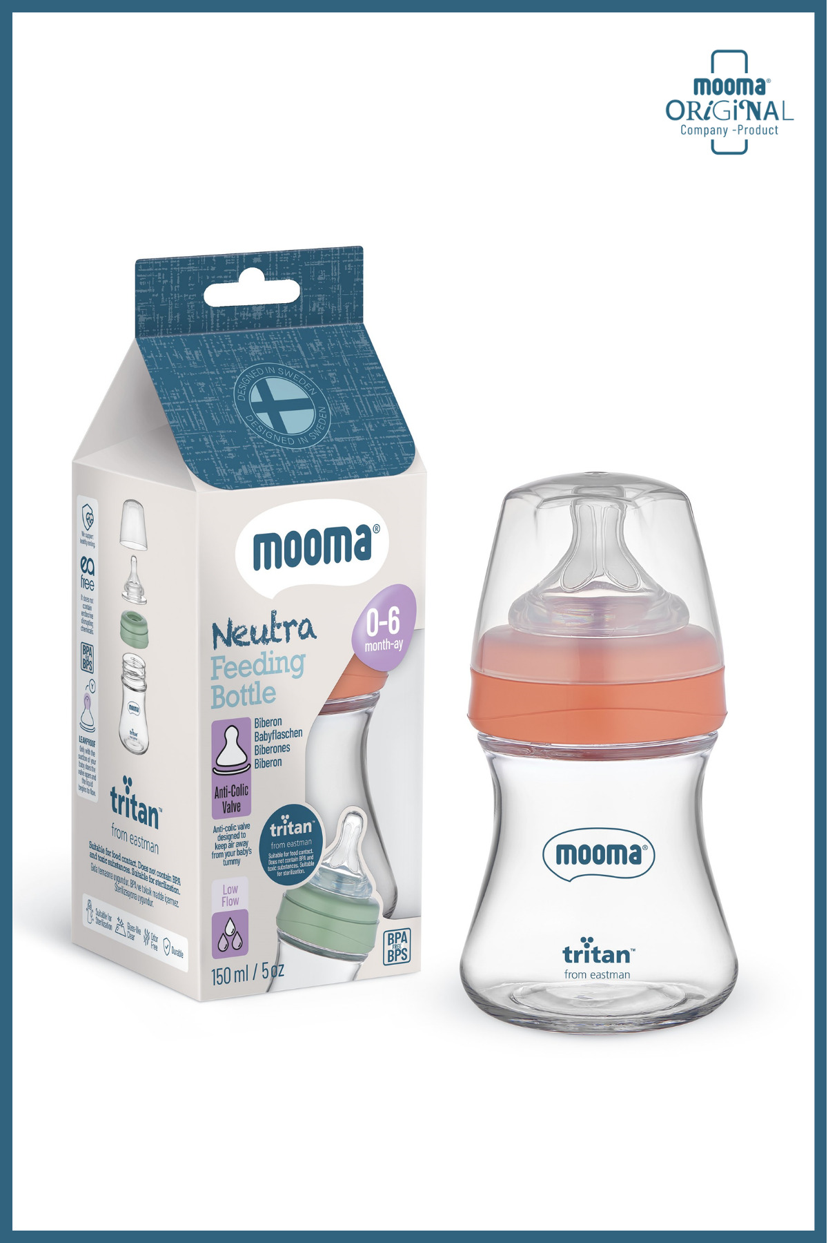 MOOMA Neutra Doğal Tepkili Antikolik Tritan Biberon 150 ml 0-6 Ay (Yavaş Akış) - Mercan