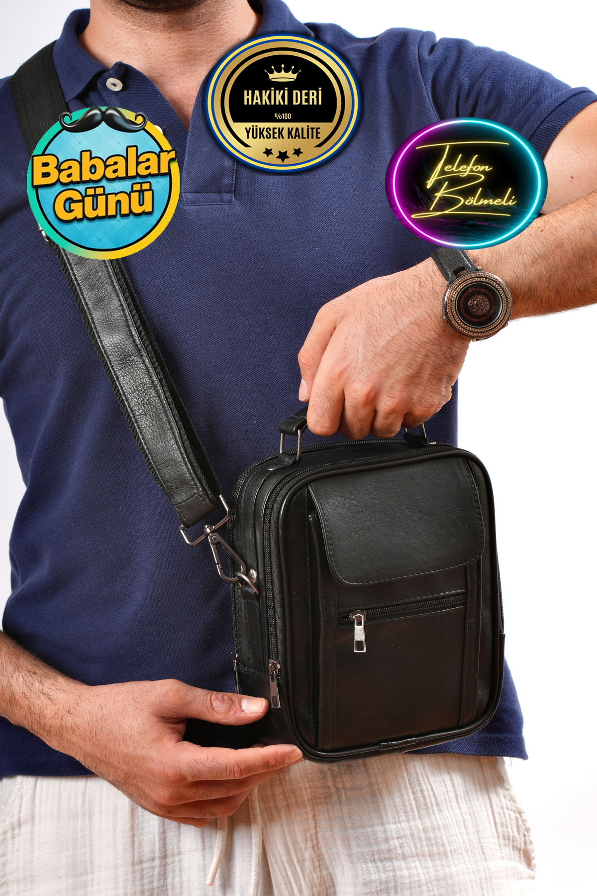 Genuine Leather Men's Hand and Shoulder Bag with Black Phone Compartment