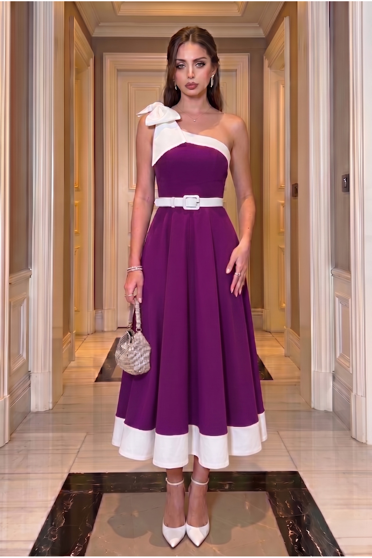 Women's Midi Bowtie Detailed Belted Purple Evening Dress