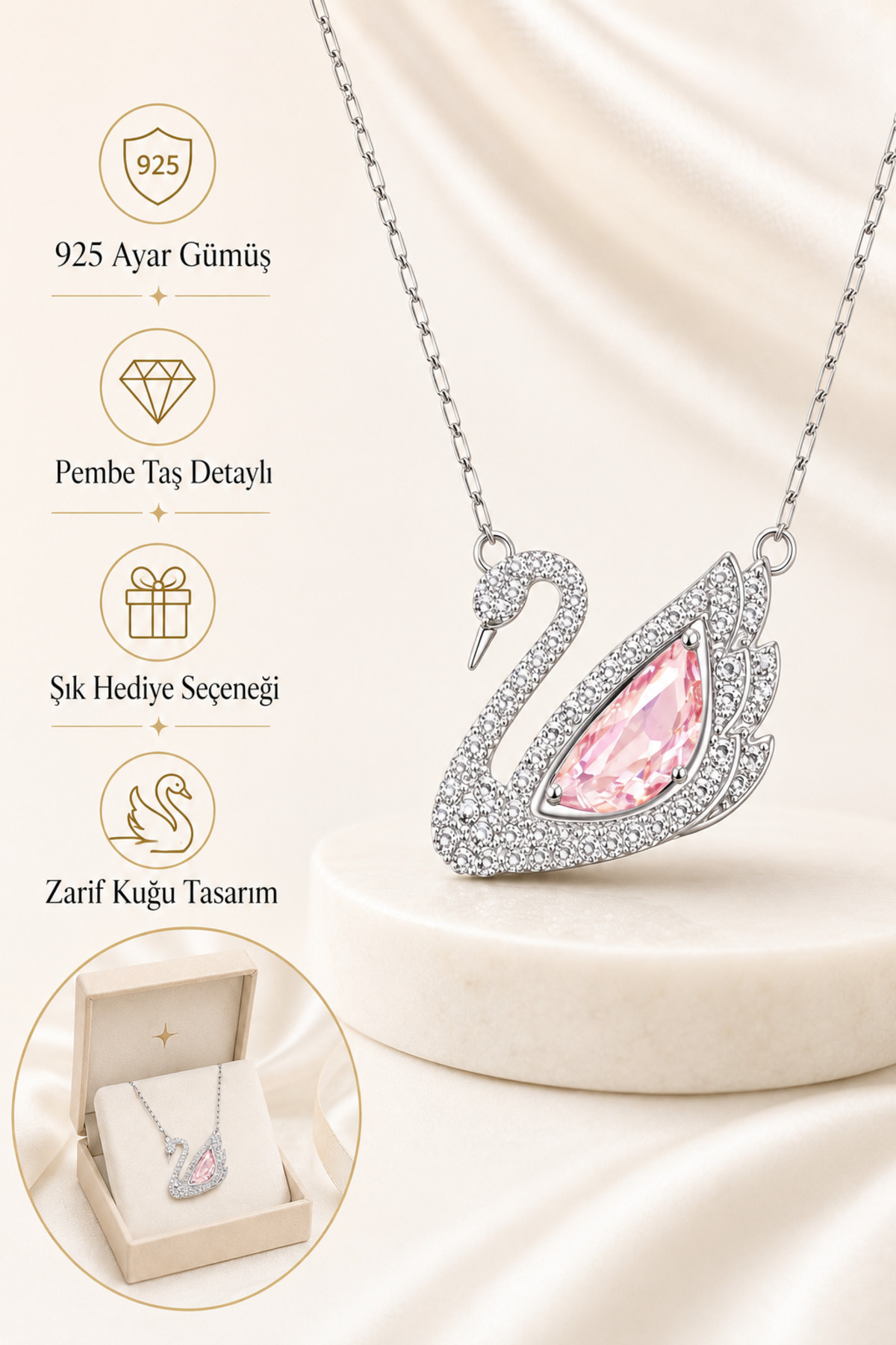 vogutima Kadın Gümüş Kolye - Swan Kuğu Model Zirkon Taş İşlemeli 925 Ayar Gümüş Kadın Kolye görsel 7