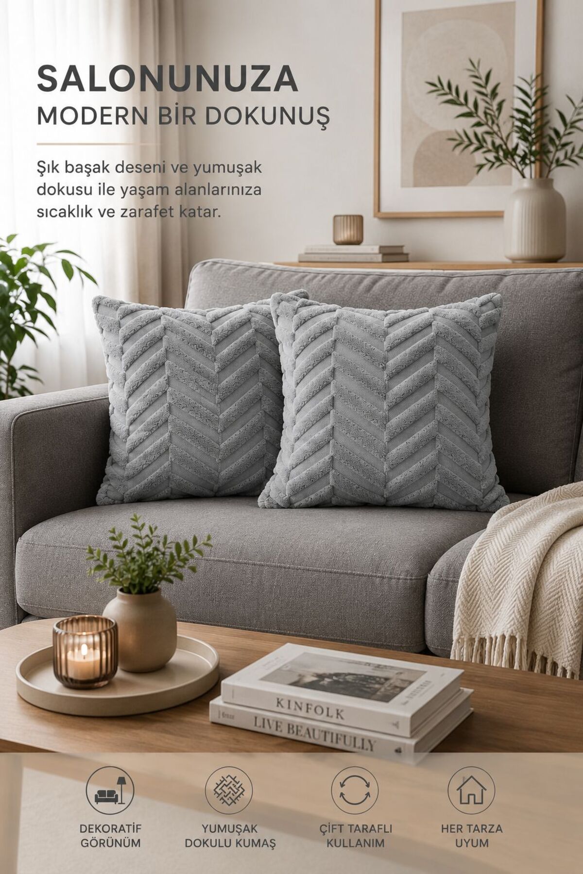 Spike Patterned Gray 2-Piece Pillowcase Soft Textured Double Sided Fabric Decorative Pillowcase