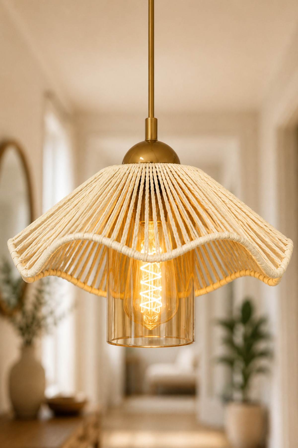 Tropical Drawstring-glass Single Chandelier~CREAM • • Bohemian Rattan Chandelier Wicker Pendant Natural Decorative Hall || HONEY PIPE GLAZED || Single Pendant Models Lamp Entrance Hall Chandelier Entrance Decor Hall