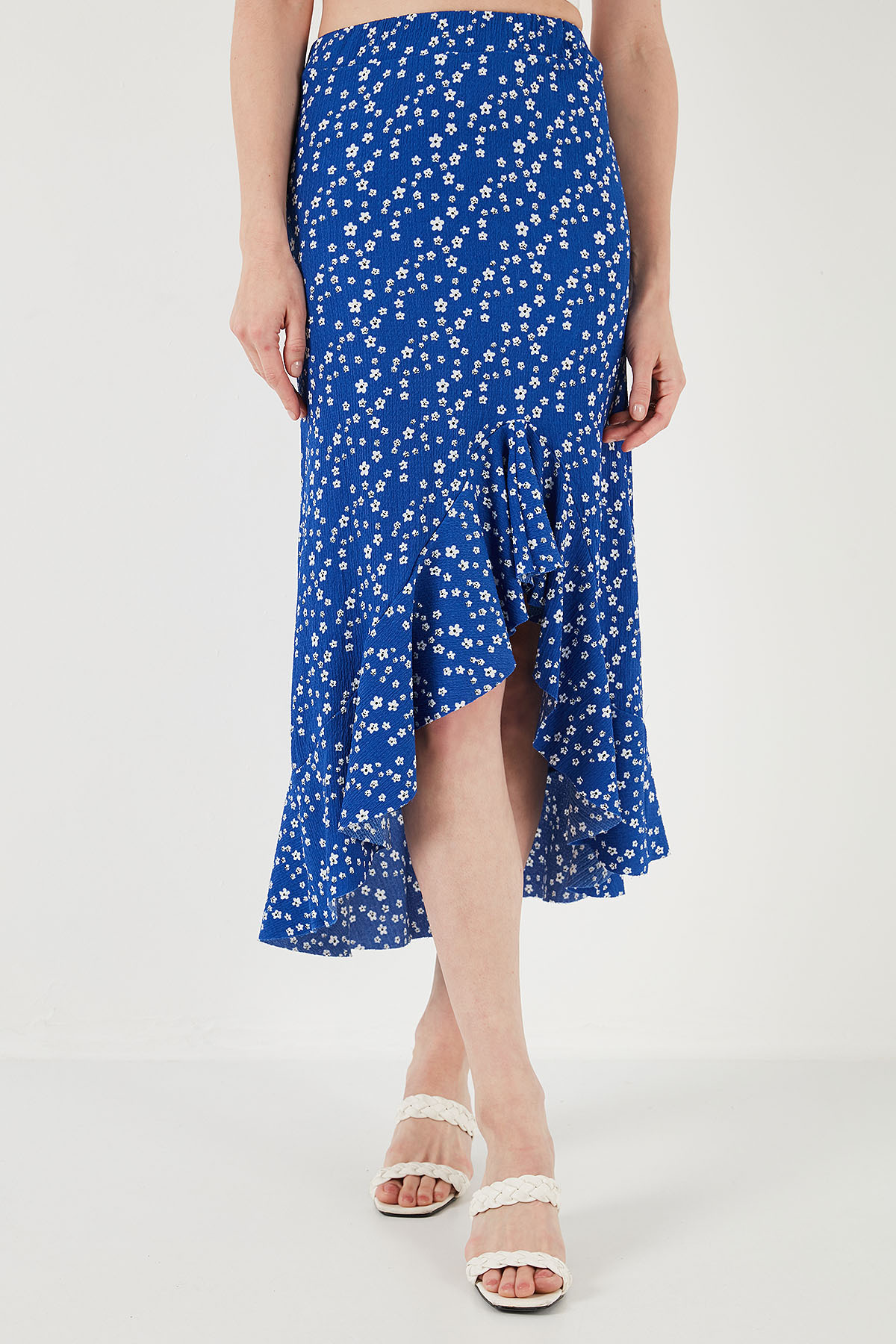 Lela  Çiçek Desenli Regular Fit Volanlı Yüksek Bel Midi Boy Yırtmaçlı Etek ETEK 5869012 - Görsel 3