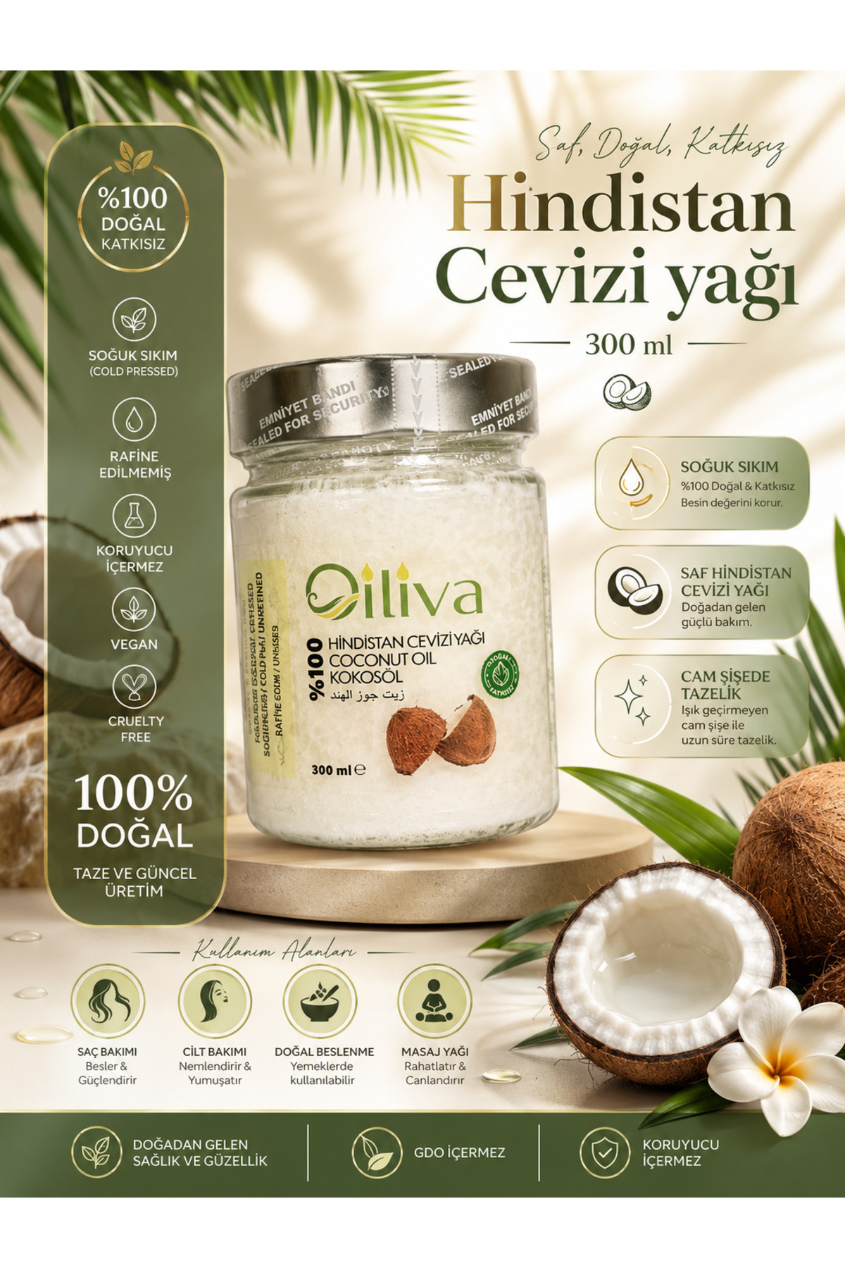 %100 Doğal Hindistan Cevizi Yağı 300 ml – Soğuk Sıkım – Cam Şişe – Katkısız ve Saf — TYCDFPAMSN172743057053146