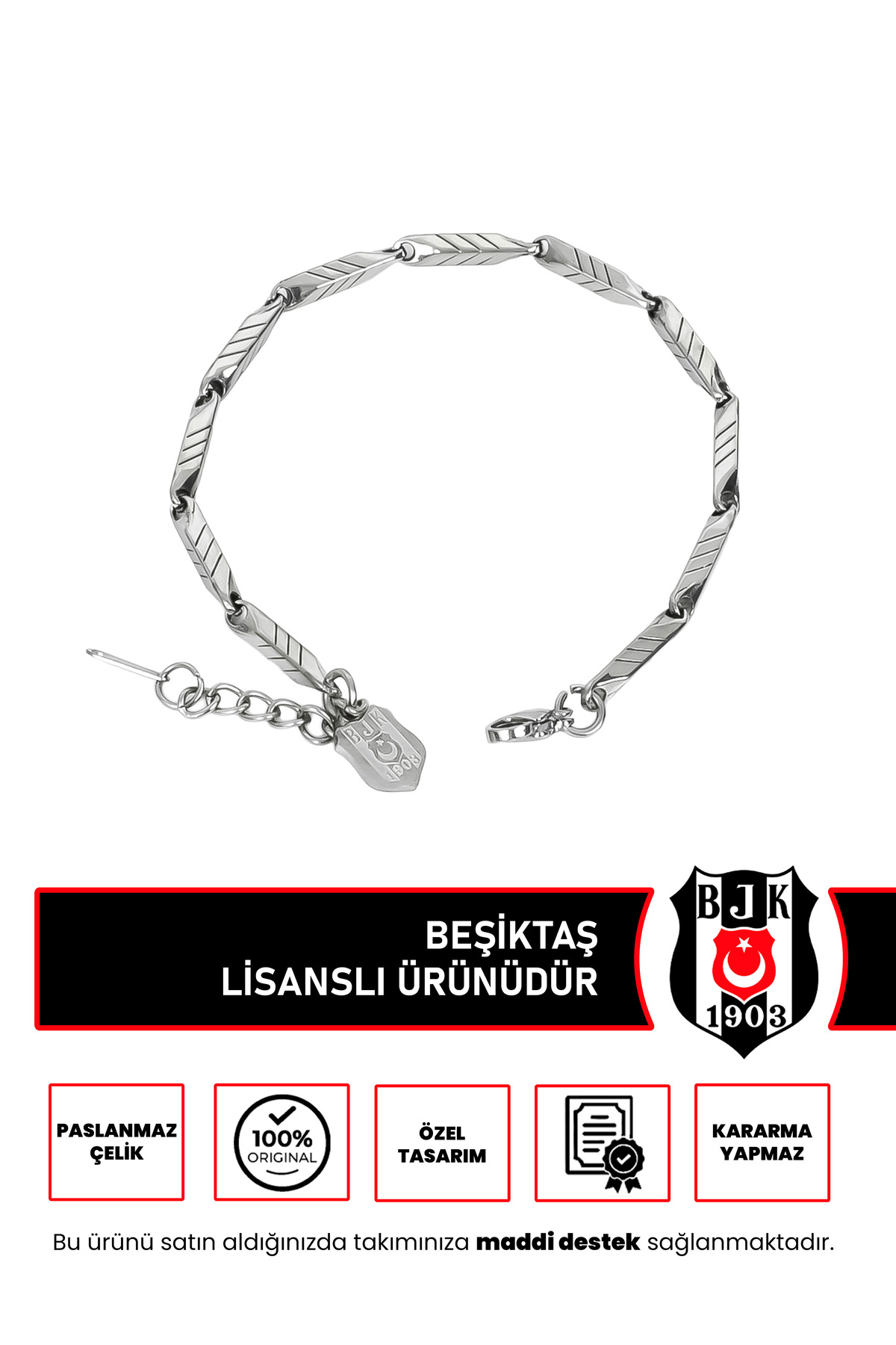 Beşiktaş BJK Logolu Çizgili Ayarlanabilir 19 cm Çelik Bileklik Gri Lisanslı Taraftar Bileklik