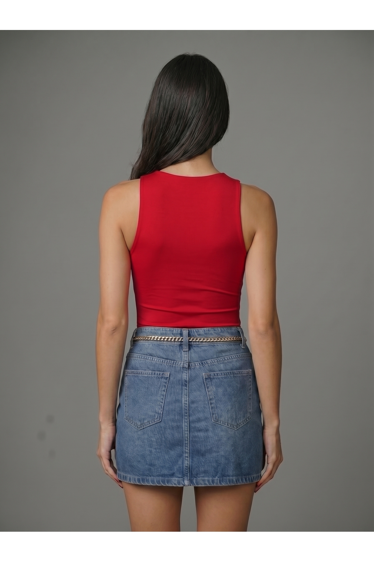 Kadın Kırmızı Halter Yaka Slim Fit Likralı Bodysuit Günlük Şık Çıtçıtlı Body 5