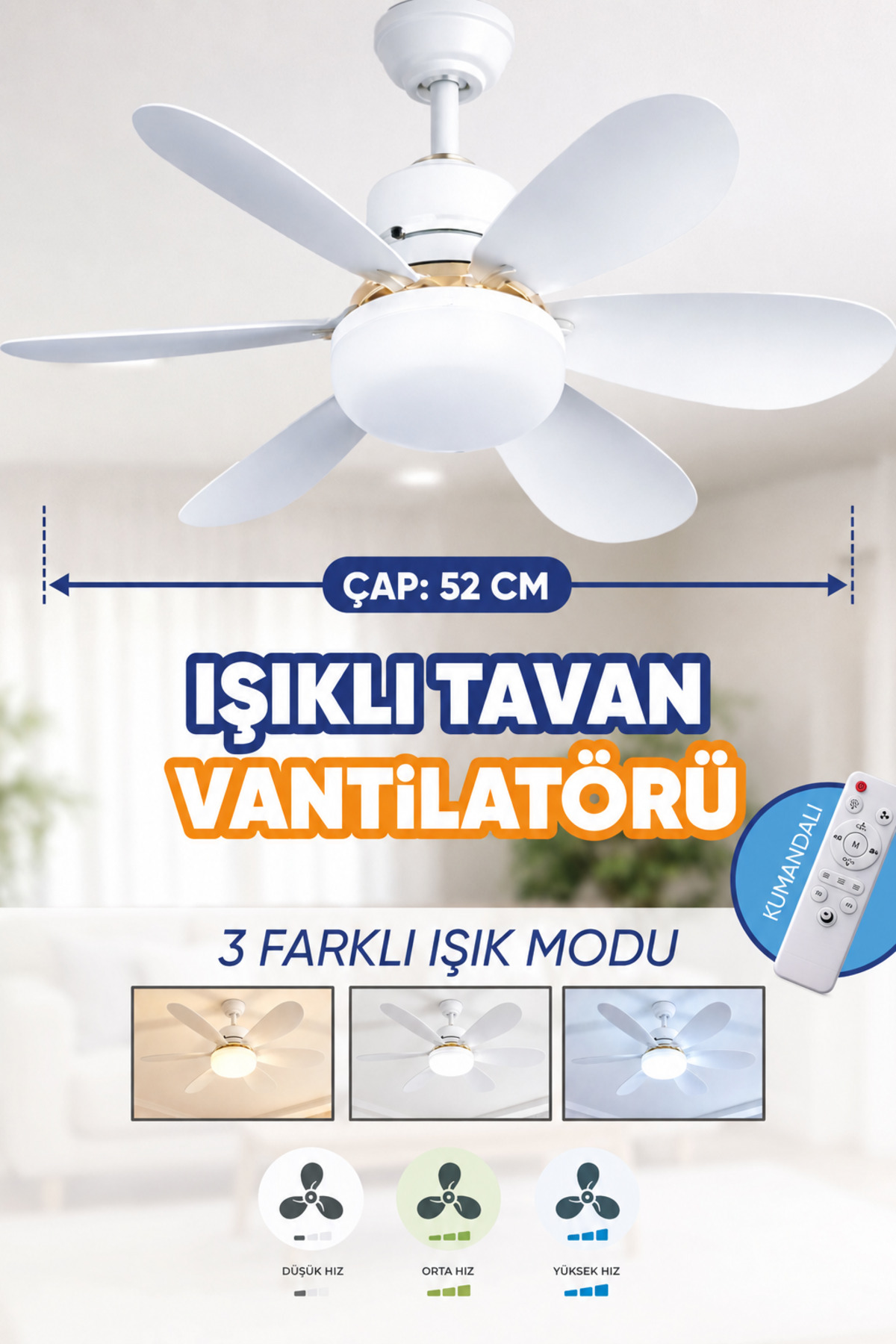Waldern 6 Kanatlı, Işıklı Sessiz Çalışma Tavan Tip Vantilatör 52 cm