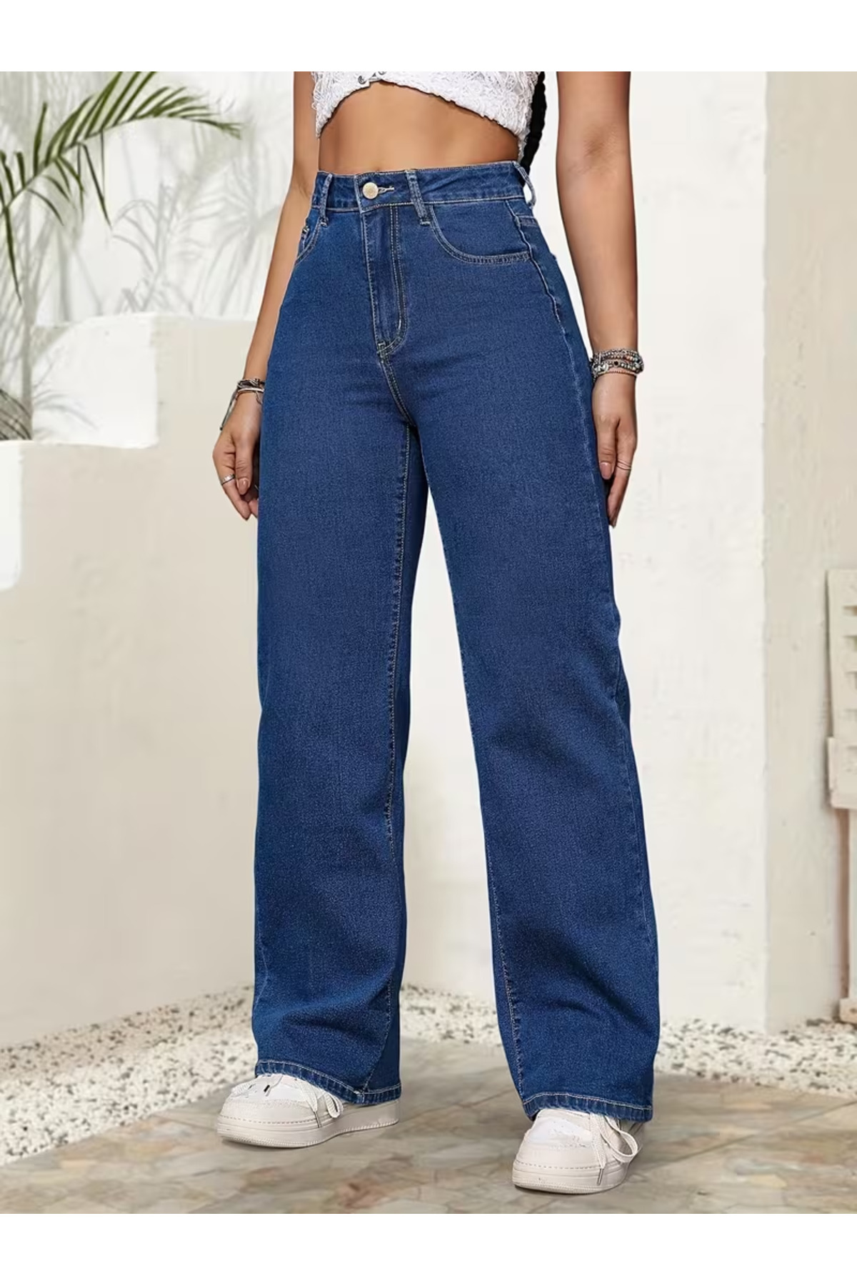 Adel Women's Blue Jeans High Waist Casual Loose Leg Palazzo Denim Jeans