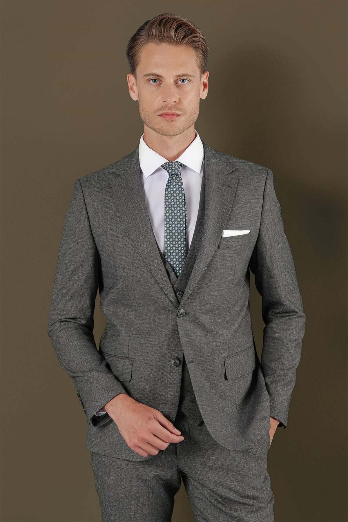 Slim Fit Mono Collar Textured Dark Grey Vest Suit TK 873 — رنگارنگ TK873Y1122 — تصویر 6 از 8