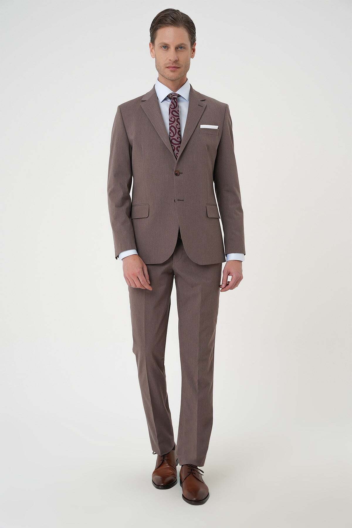 Efor Slim Fit Esnek Çift Yırtmaç Yelekli Düz Klasik Vizon Takım Elbise Tk 901