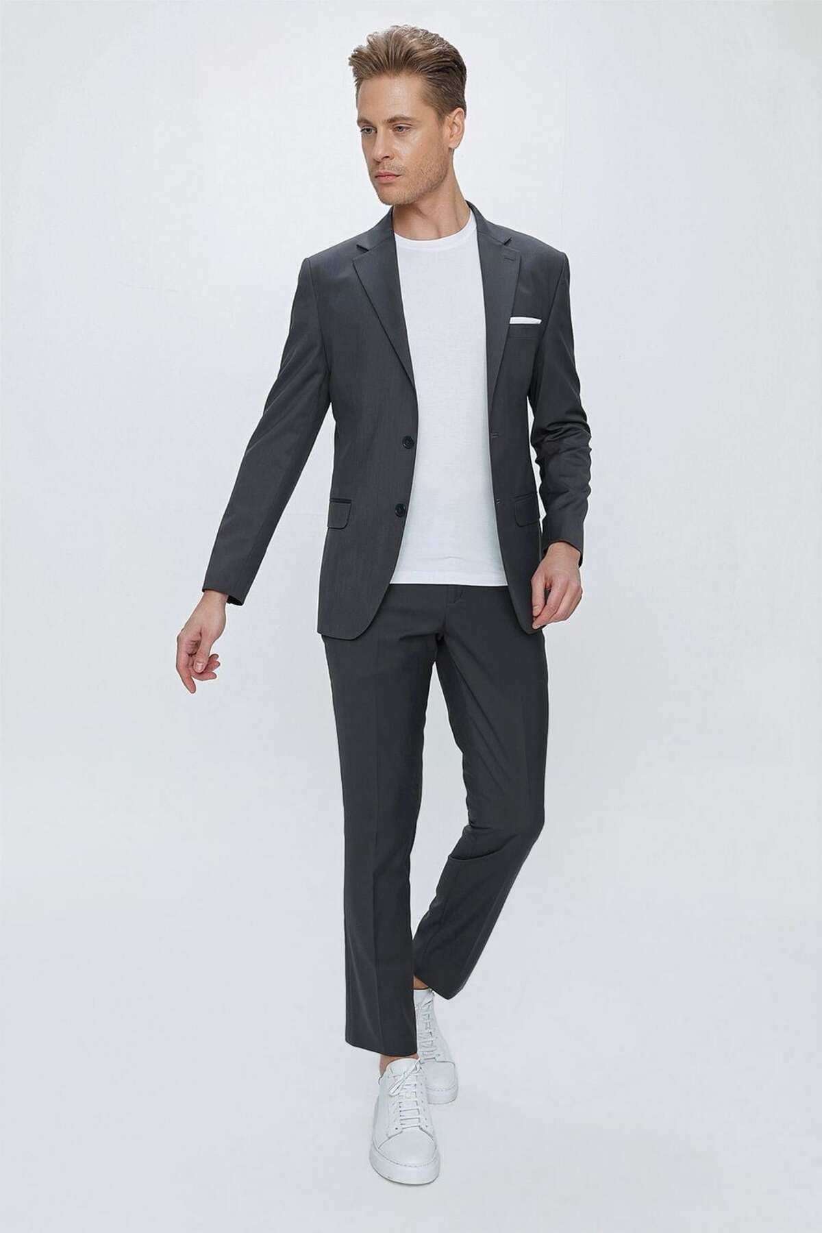 Efor Slim Fit Klasik Mono Yaka Klasik Antrasit Takım Elbise Tk 2021 görsel 2