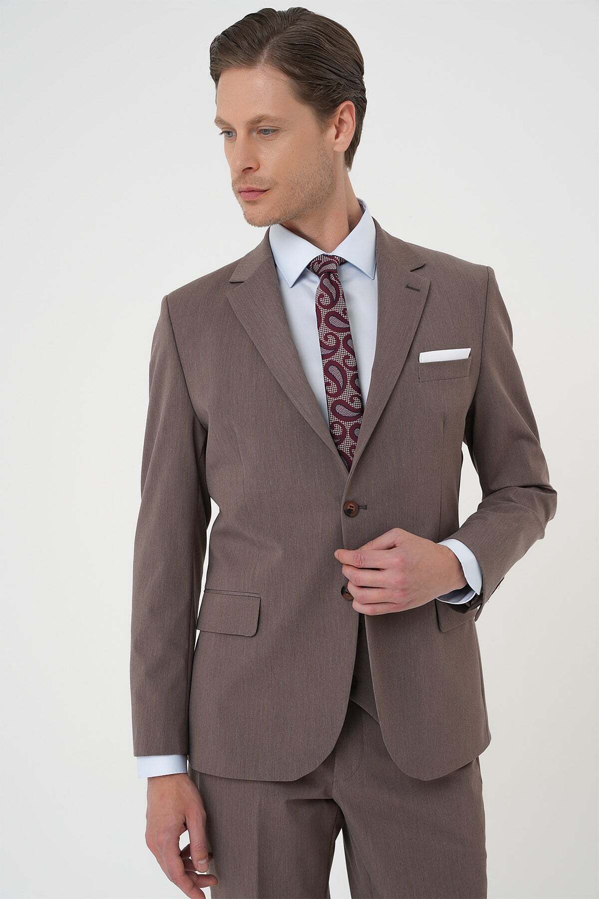 Efor Slim Fit Esnek Çift Yırtmaç Yelekli Düz Klasik Vizon Takım Elbise Tk 901 görsel 6