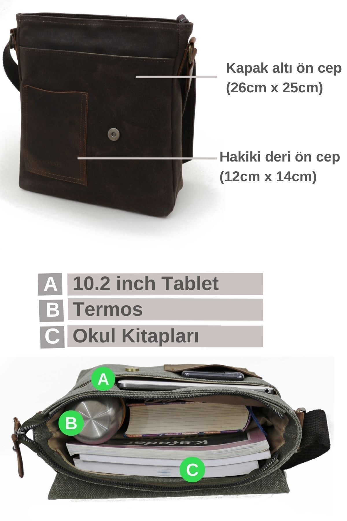 Cappadocia Vintage Hakiki Deri 4035 Teos Acı Kahve Suya Dayanıklı Postacı Omuz Mumlu Kanvas Laptop Okul Çantası görsel 7