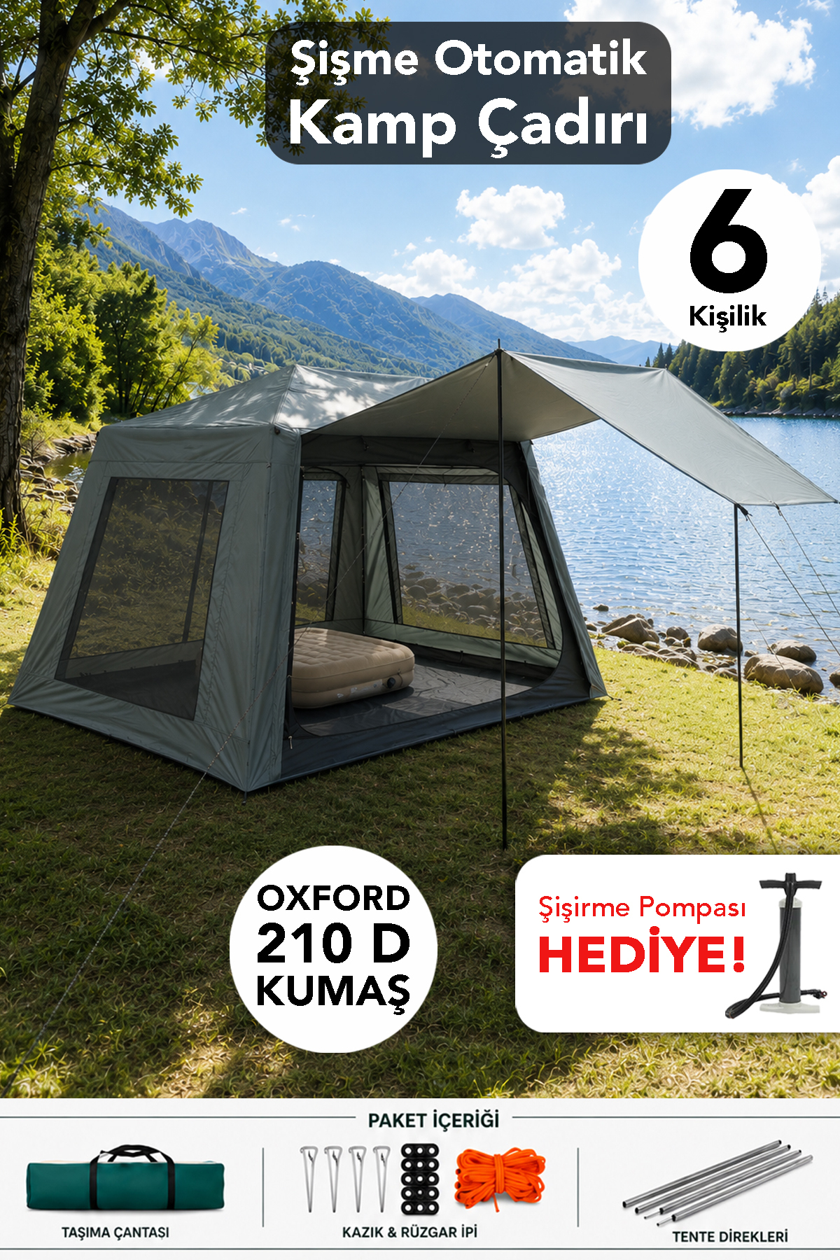 fischerone 6 Kişilik Kamp Çadırı - Otomatik Kurulum 4 Mevsim Kullanım Oxford Kumaş Outdoor Çadır 233x233x190cm