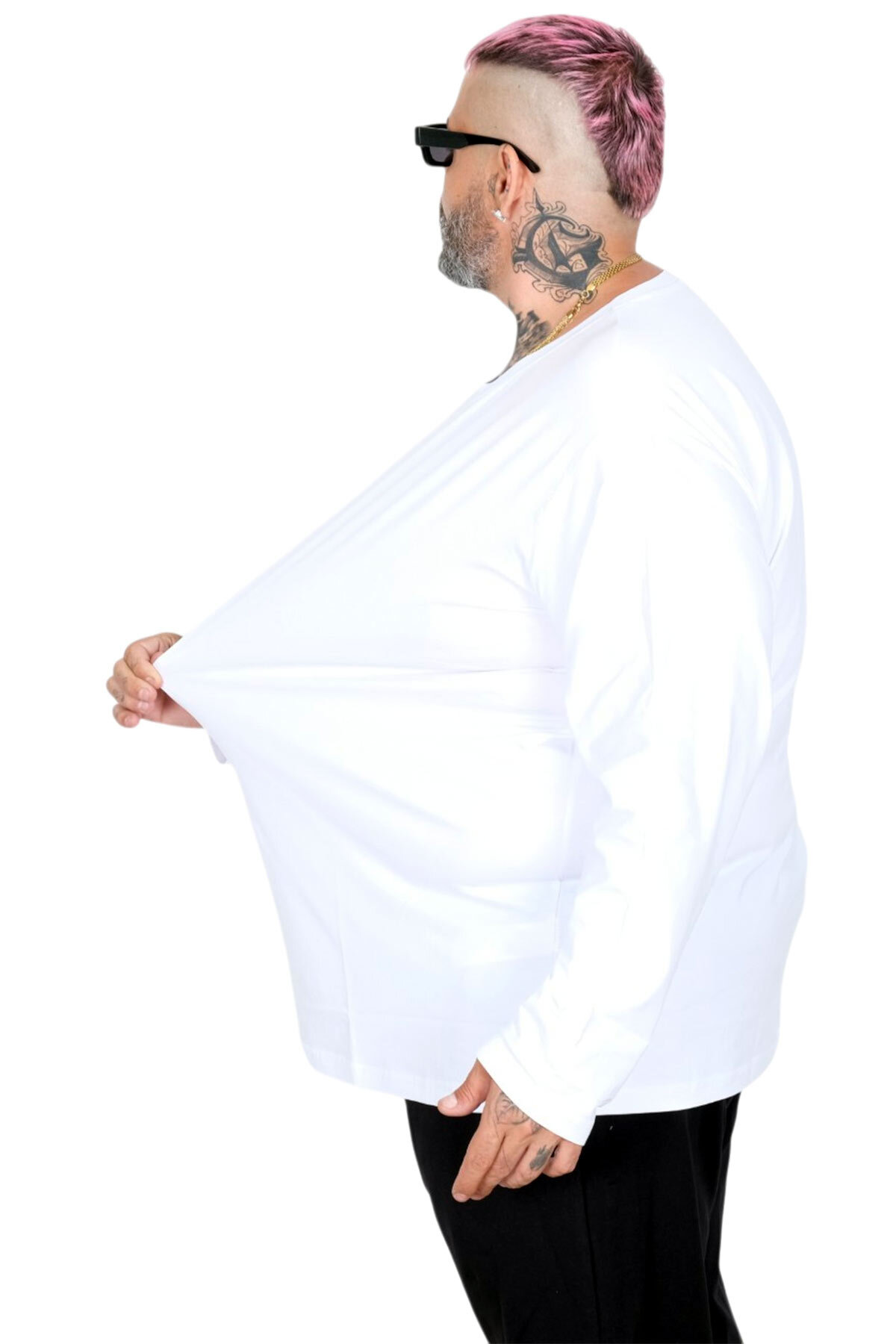 ModeXL Mode Xl Büyük Beden Erkek Tshirt Likralı Bisiklet Yaka 20102 Beyaz görsel 3