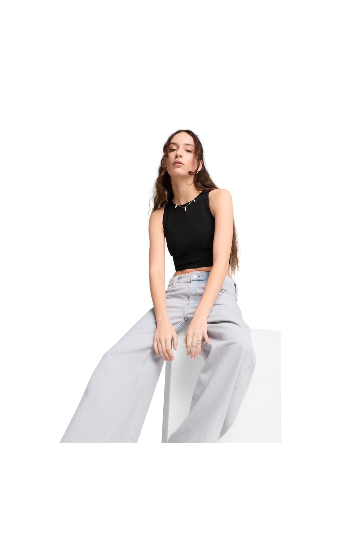 Puma 629765-01 Wardrobe Ess Ribbed Crop Top Kadın T-Shirt Siyah görsel 3