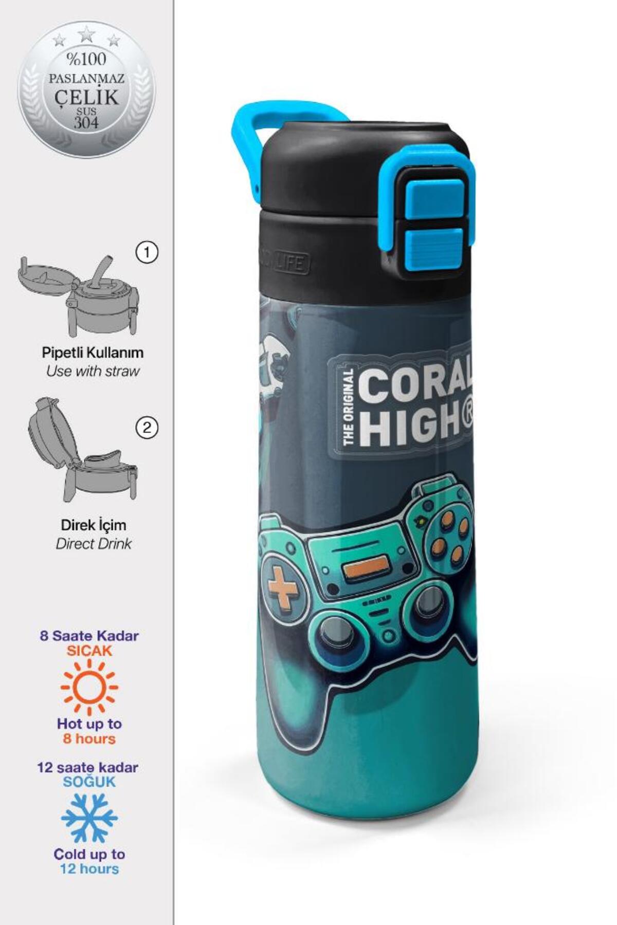 Kids Nefti Gamer Desenli Pipetli ve Direkt İçim Çelik Termos 500 ml 31861