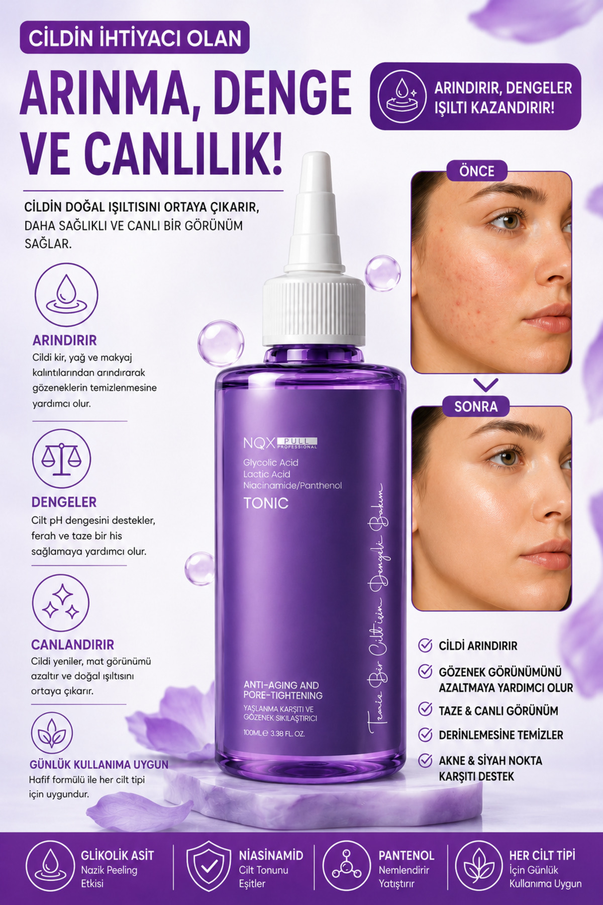 Yaşlanma Karşıtı Tonik Gözenek Arındırıcı Cilt Yenileyici Glycolic Anti-Aging Yıpranmış Ciltler İçin — TNK344 — تصویر 3 از 3