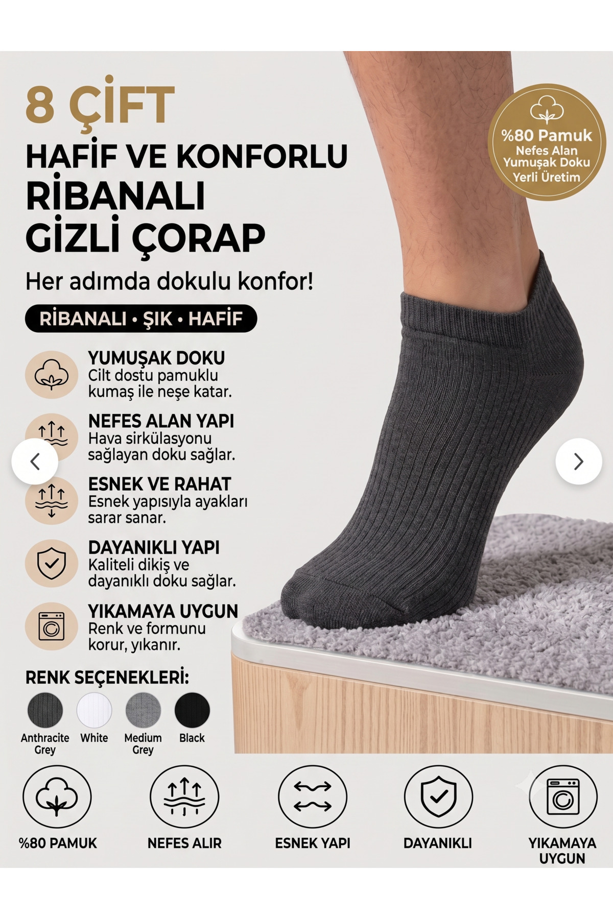 Sportingen 8 Çift Pamuklu Derbili Patik Çorap - 4 Farklı Renk - Gündelik Giyim görsel 2