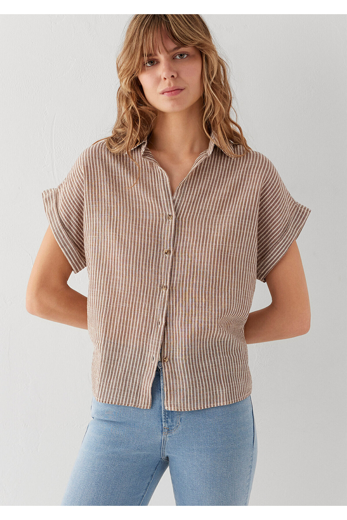 Kısa Kollu Çizgili Kahverengi Gömlek Loose Fit / Bol Rahat Kesim 1210445-85431 — قهوه‌ای — تصویر 3 از 8