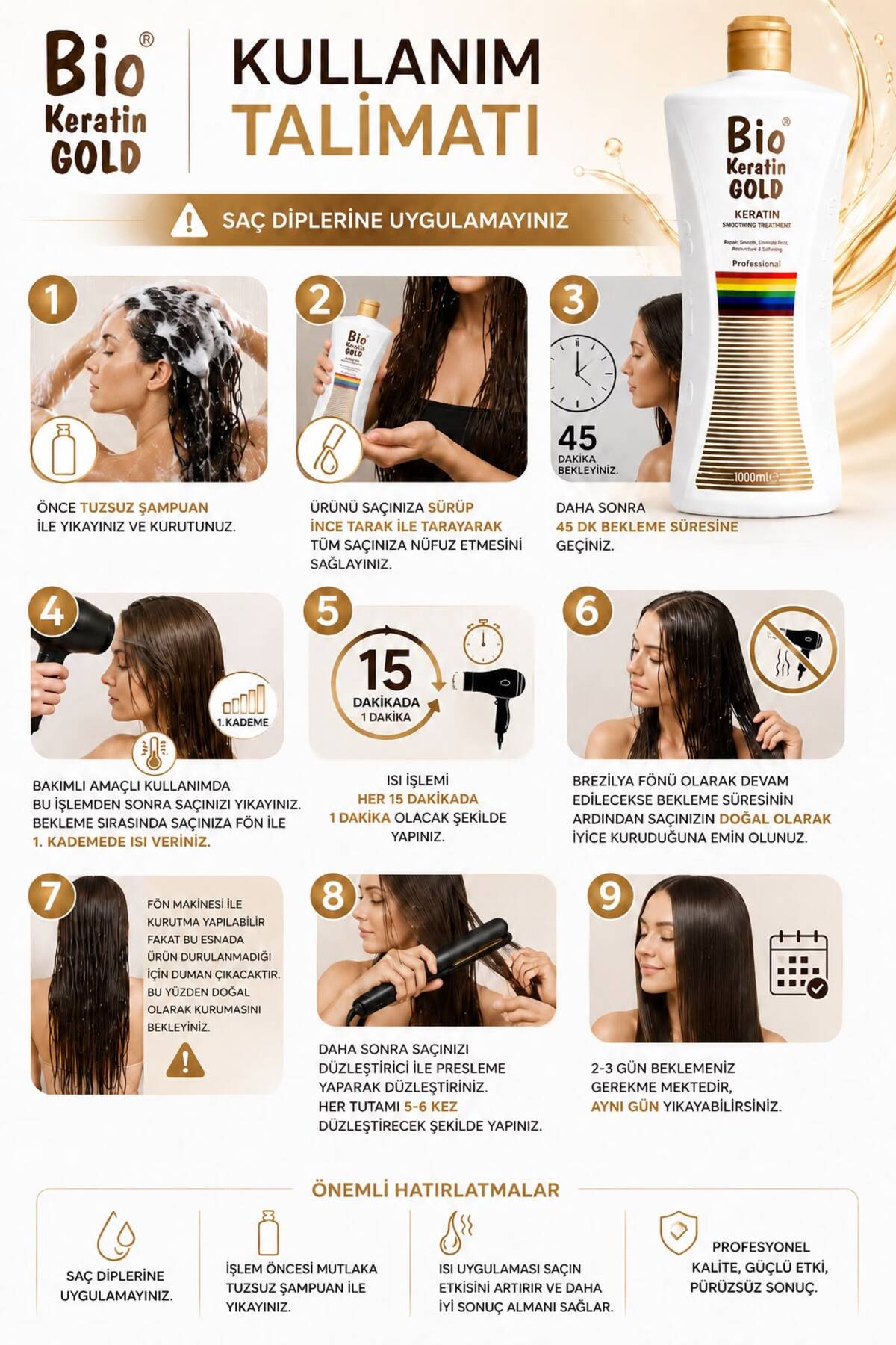 Gold Kalıcı Brezilya Fönü 3'lü Set 700 Ml ( Keratin - Tuzsuz Şampuan - Saç Kremi ) — 247693 — تصویر 3 از 8