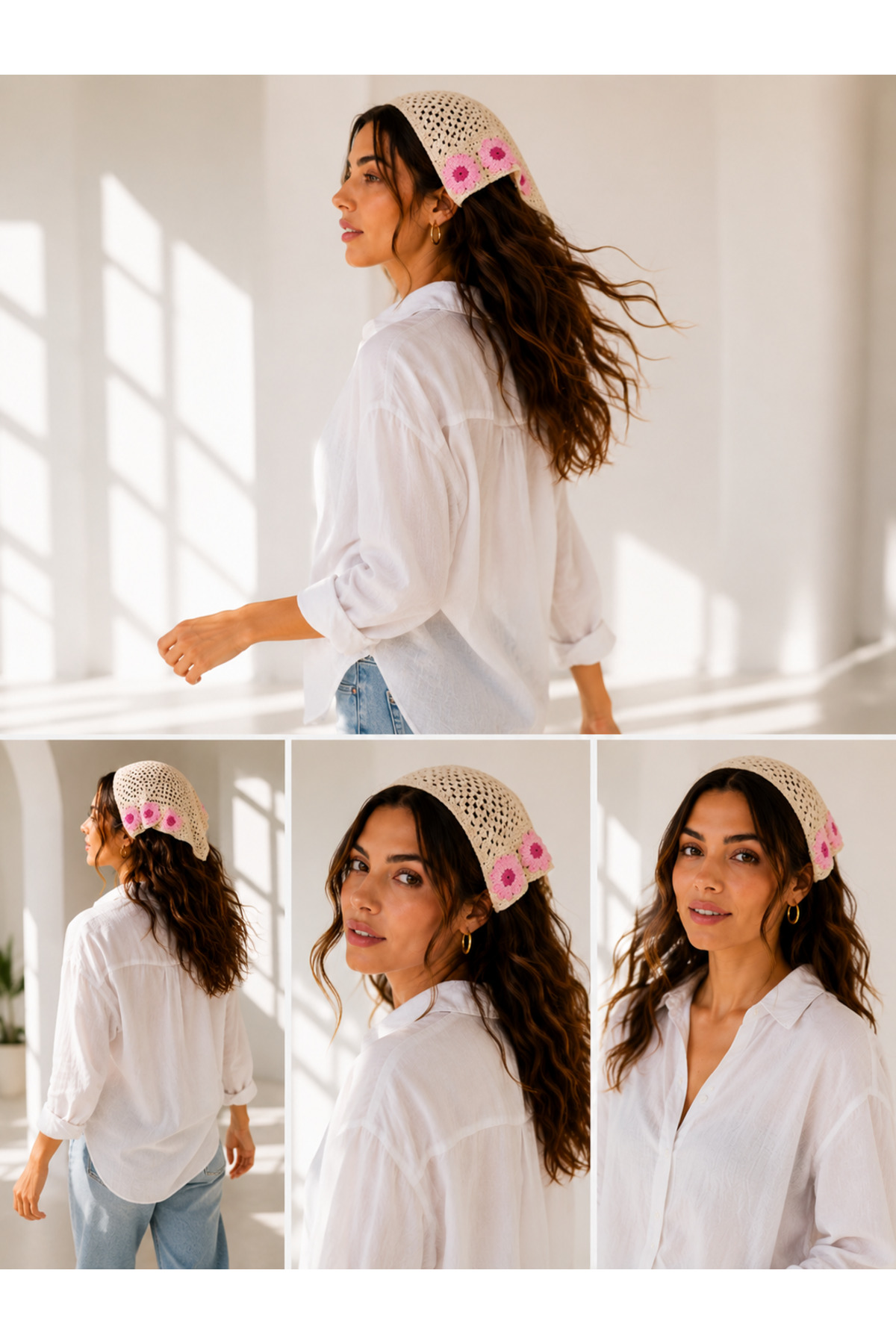 Kadın Örgü Bandana Çiçek Motifli Yazlık Bohem Saç Bandanası