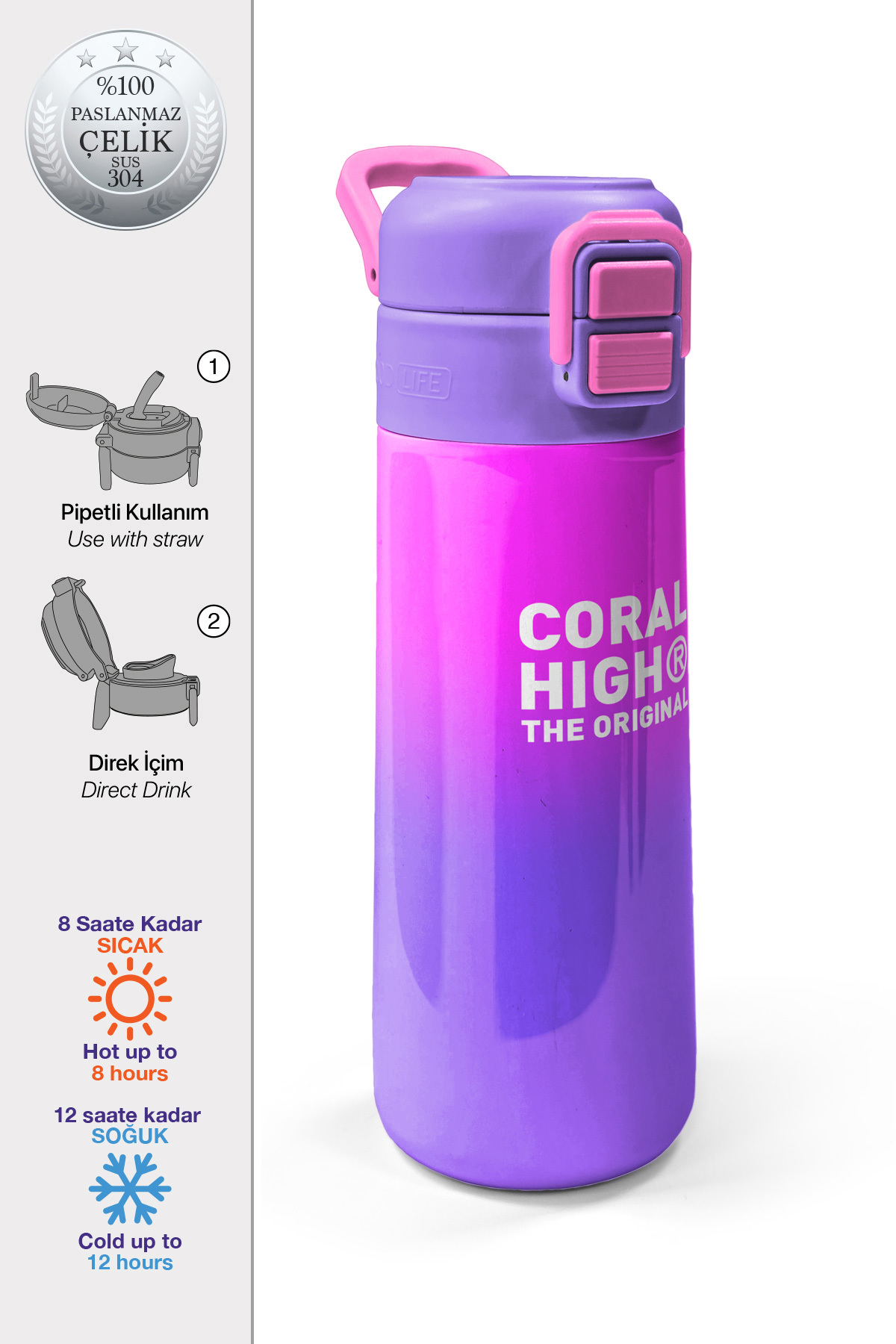 Kids Mor Renk Geçişli Desenli Pipetli ve Direkt İçim Çelik Termos 500 ml 31963