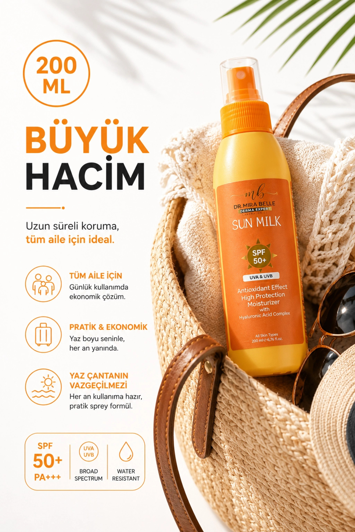 SPF 50+ Güneş Koruyucu Sun Milk 200 ml, Beyaz İz Bırakmayan Su Bazlı Hafif Dokulu C Vitaminli ve Hyaluronik Asitli Güneş Sütü — DDE.09.002 — تصویر 7 از 8