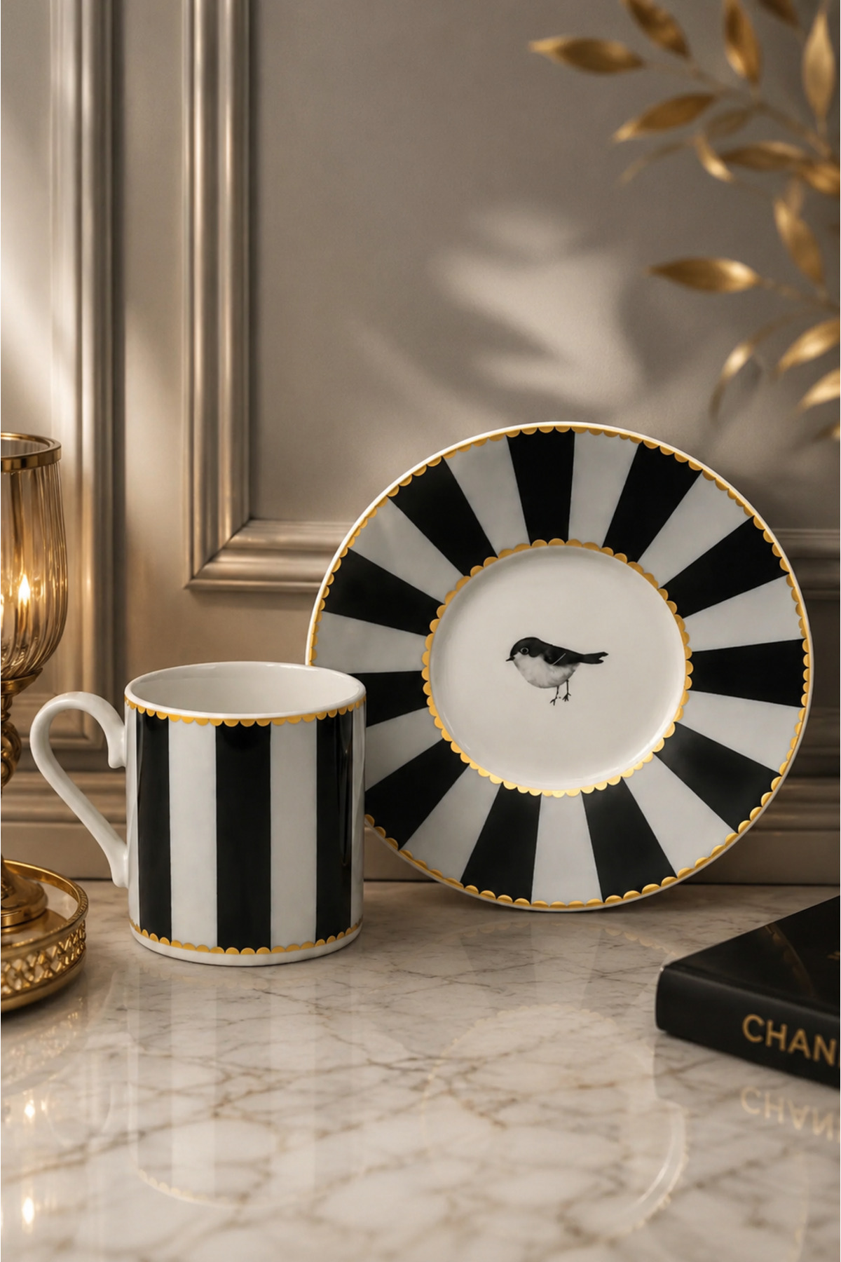 YzHome 2-Person Porcelain Gilded Lovely Birds Special Design Coffee Cup Set with Bird Motif 90 ml