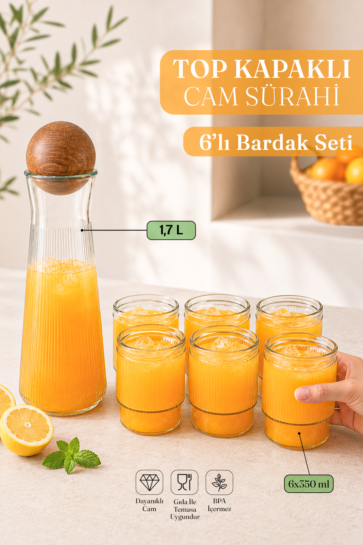 naturelove 7'li Top Kapaklı Cam Sürahi Seti – 1,7 L Karaf + 6 Adet