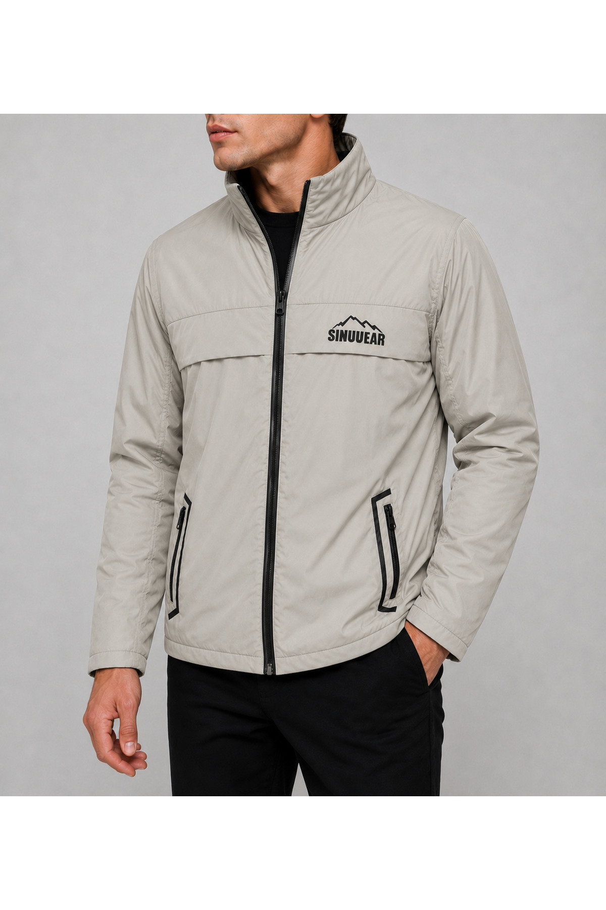 Sınwear Erkek Bej Baharlık Su ve Rüzgar Geçirmez Mont Dik Yaka Mevsimlik Fermuarlı Spor Outdoor Ceket görsel 2