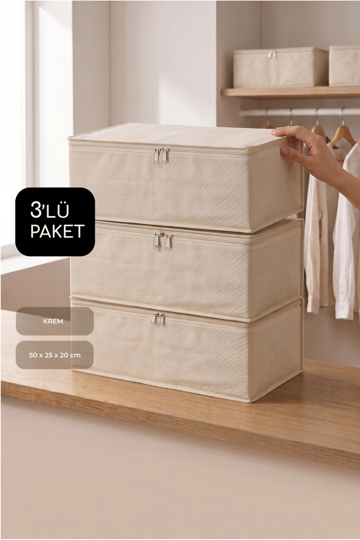 3-Piece Set Medium 50x25x20 Cm Base & Sofa Bed , Clothes Organizer Hatch Cream