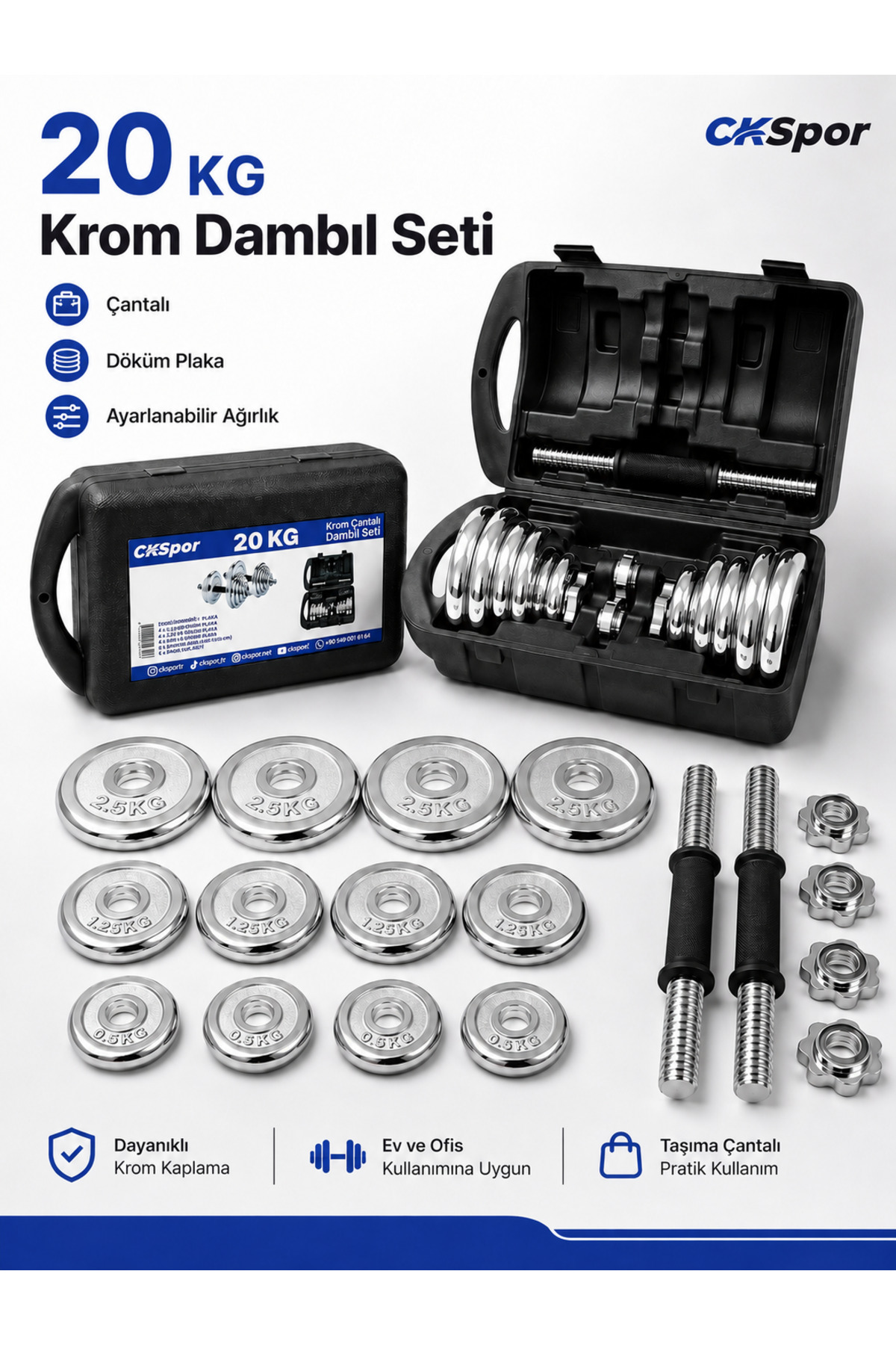 CKSpor 20 Kg Krom Dambıl Seti Çantalı Döküm Plaka Dambıl Ağırlık