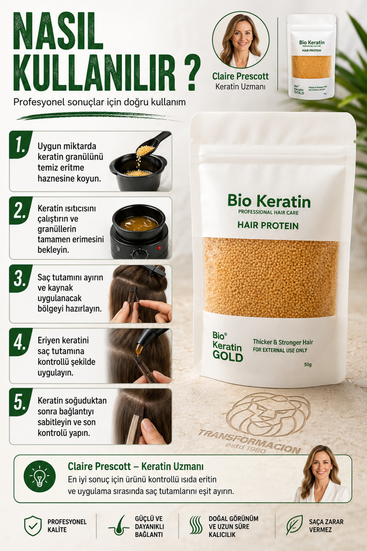 Bio Keratin Gold Profesyonel Saç Bakım Proteini 50 gr - Yıpranma Karşıtı Bağ Koruyucu, Oryal ve Boya İçi Granül Protein Tozu 722447 — 7430000722447 — تصویر 2 از 7