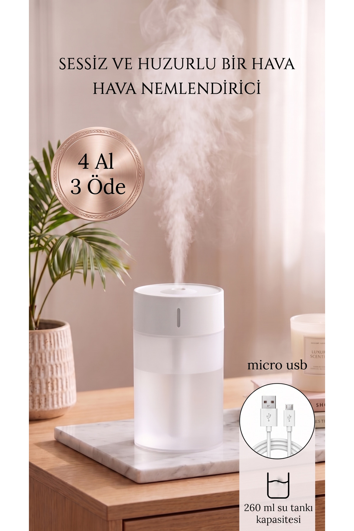 Ultrasonik Hava Nemlendirici | 260 ml | USB | Mini Taşınabilir | 4-6 Saat Çalışma