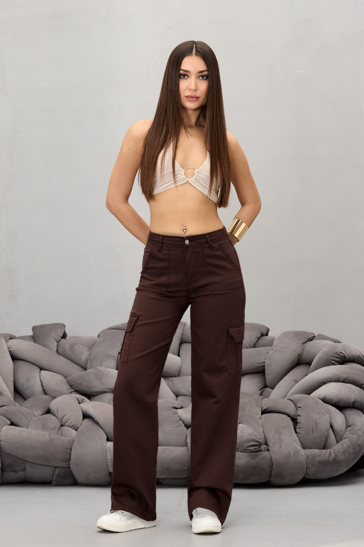 Kahve Kargo Cepli Likralı Yüksek Bel Wide Leg Pantolon 5
