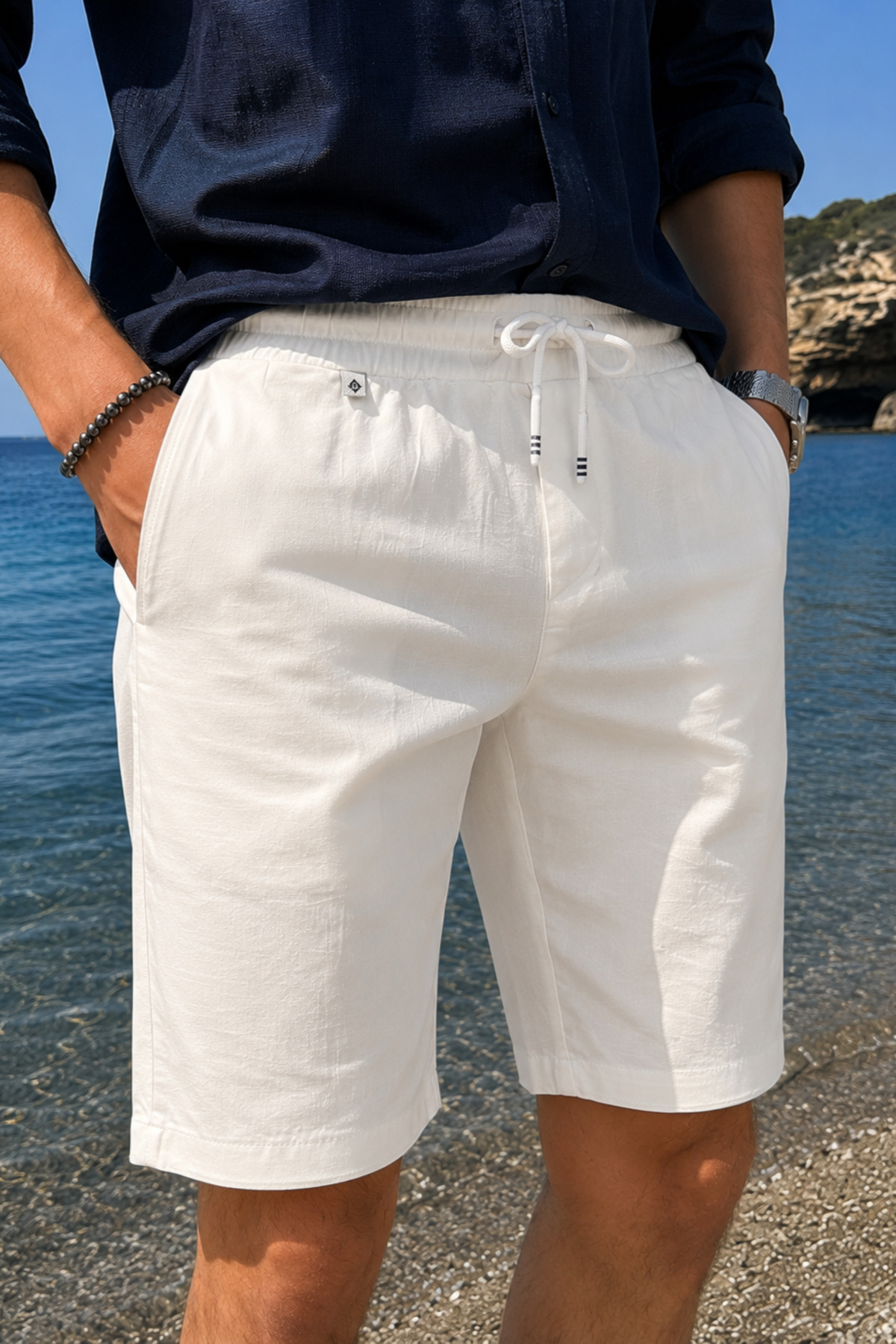 inpool Bel lastikli-bağcıklı,Regular Fit, Yazlık, Old Money Culture, Keten (linen), Dokuma şort görsel 5