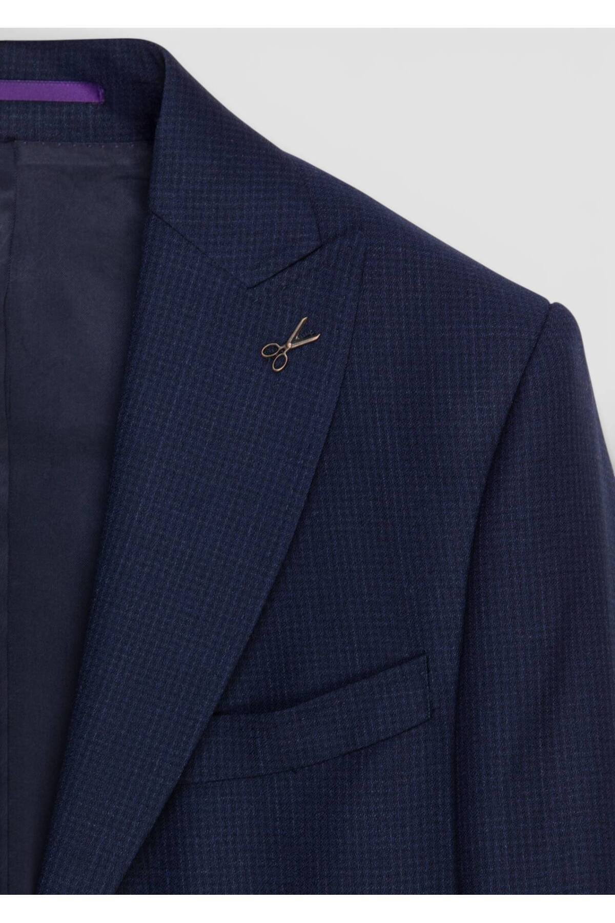 Ramsey Lacivert Kareli Zeroweight Slim Fit %100 Yün Takım Elbise görsel 6