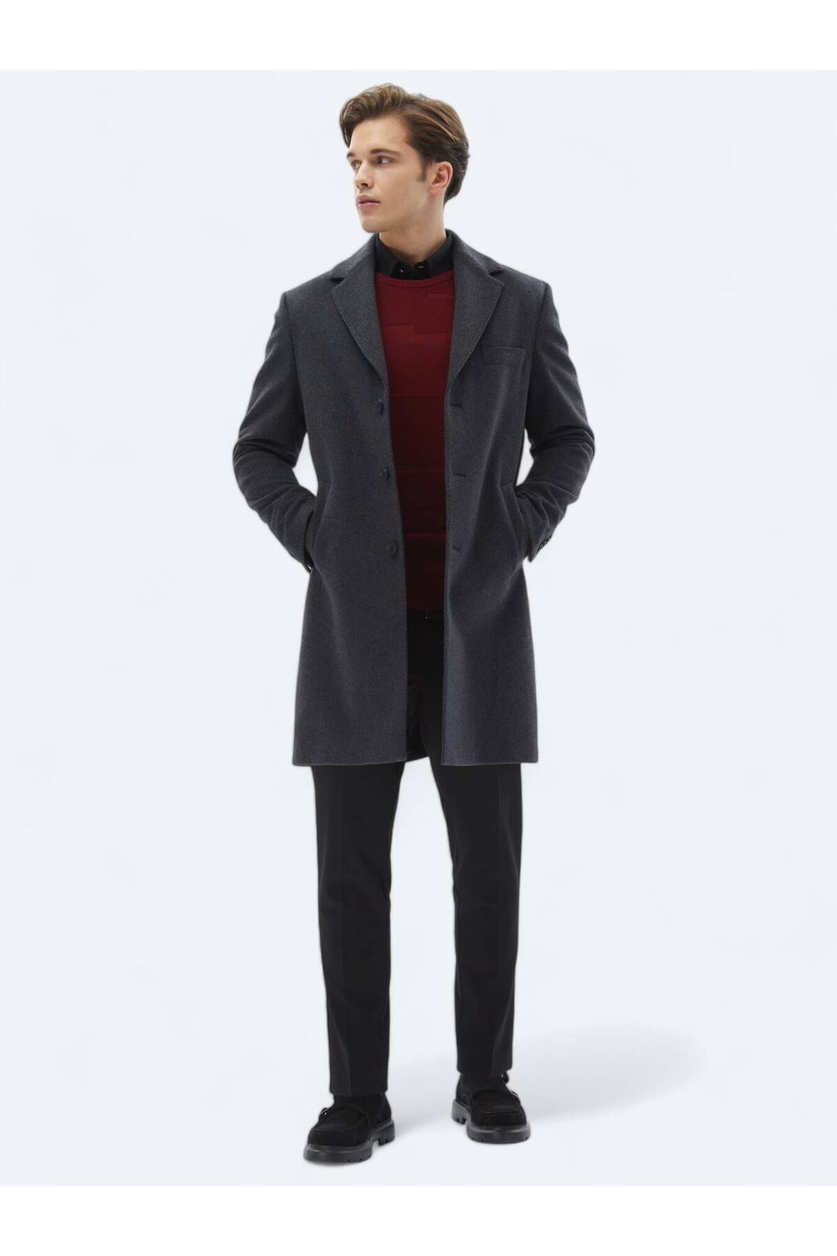 Kip Antrasit Regular Fit Casual Dokuma Palto görsel 2
