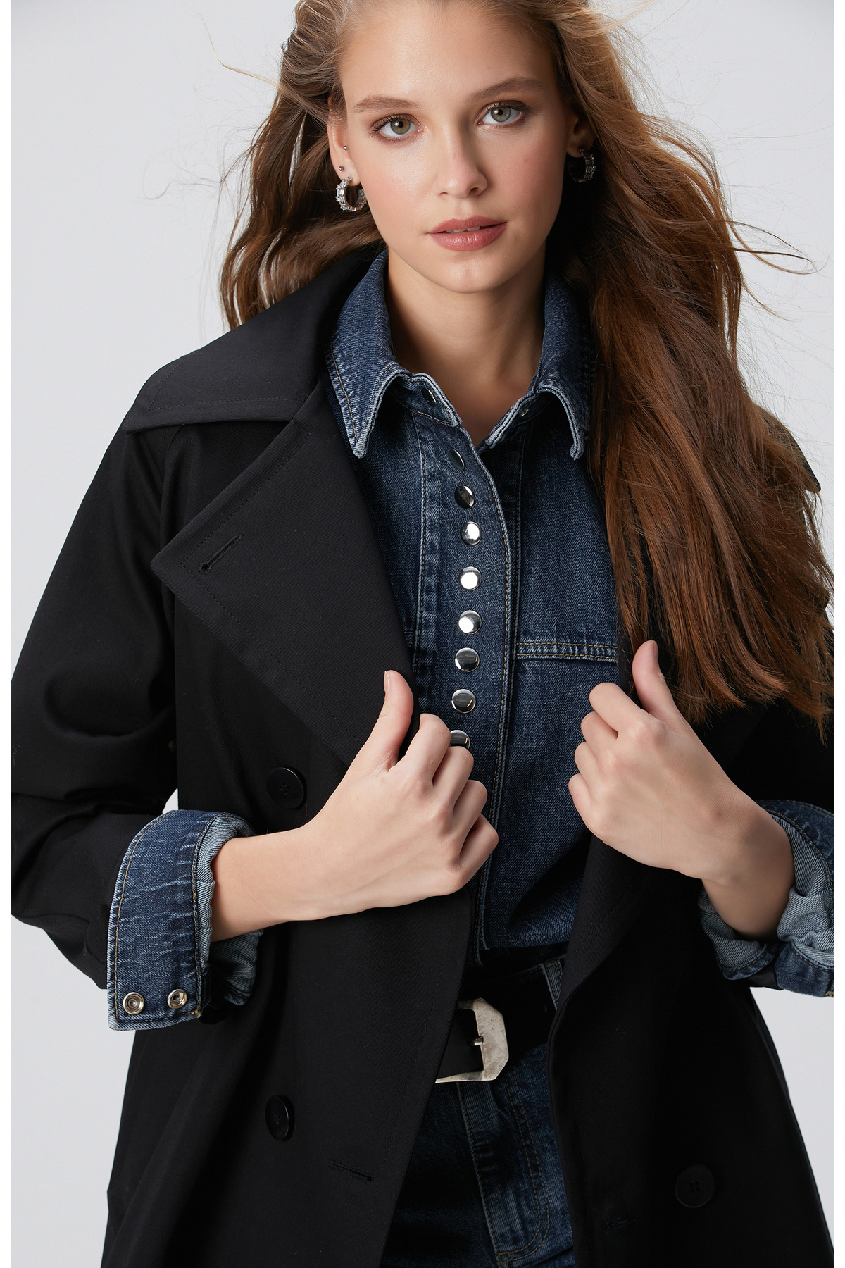 Network Siyah Kruvaze Trench Coat görsel 2