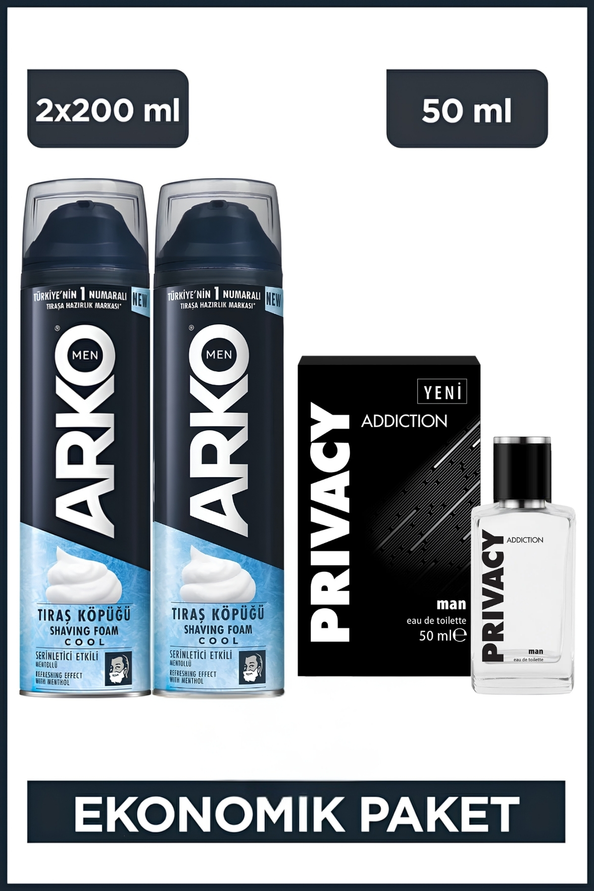 Arko Men آرکو من Cool Tıraş Köpüğü 2x200 Ml + Privacy Men Addiction Edt Parfüm 50 Ml — EVYSET224