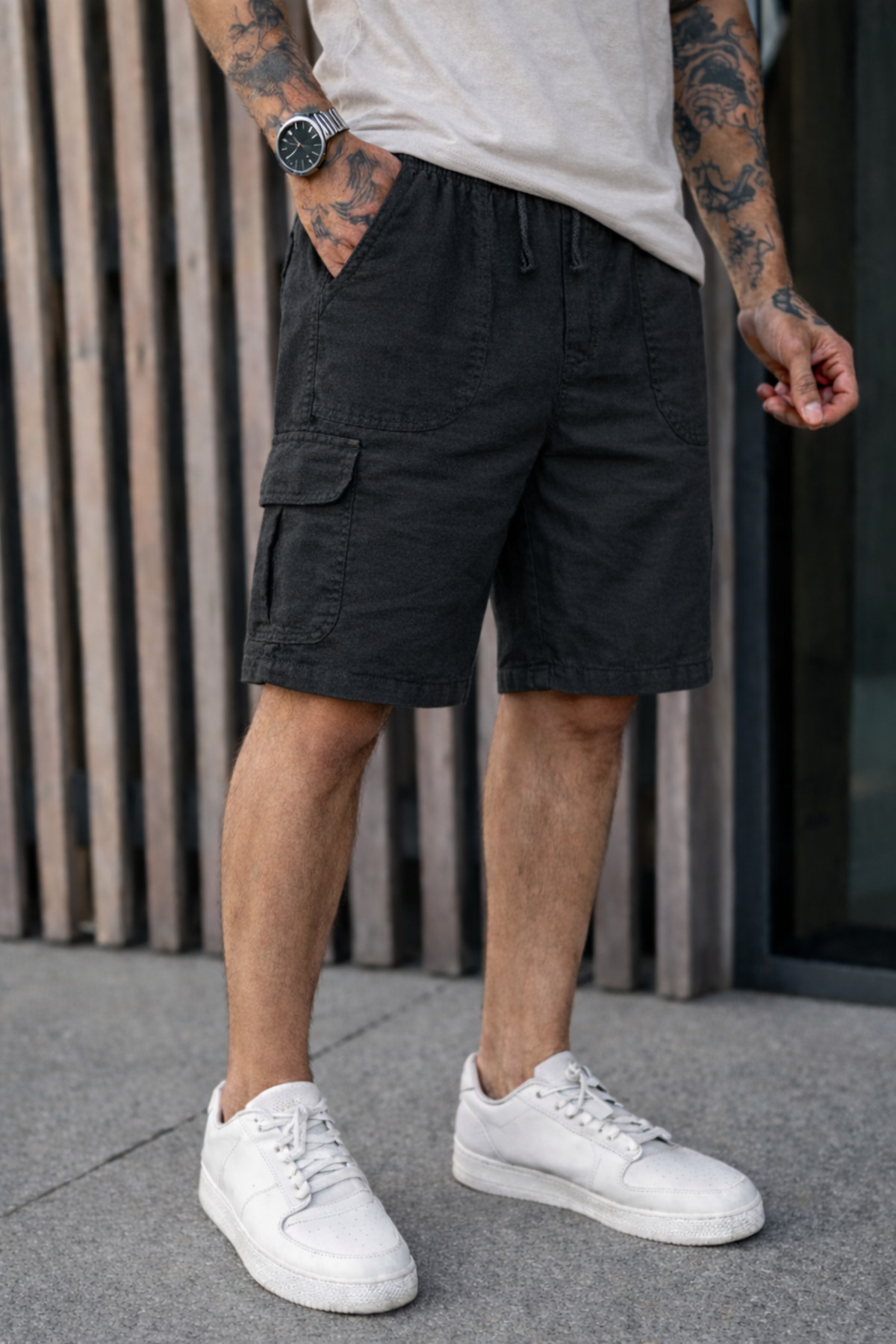 DAMGA JEANS Erkek Trend Düşük Bel Kargo Cepli Bol Siyah Keten Şort