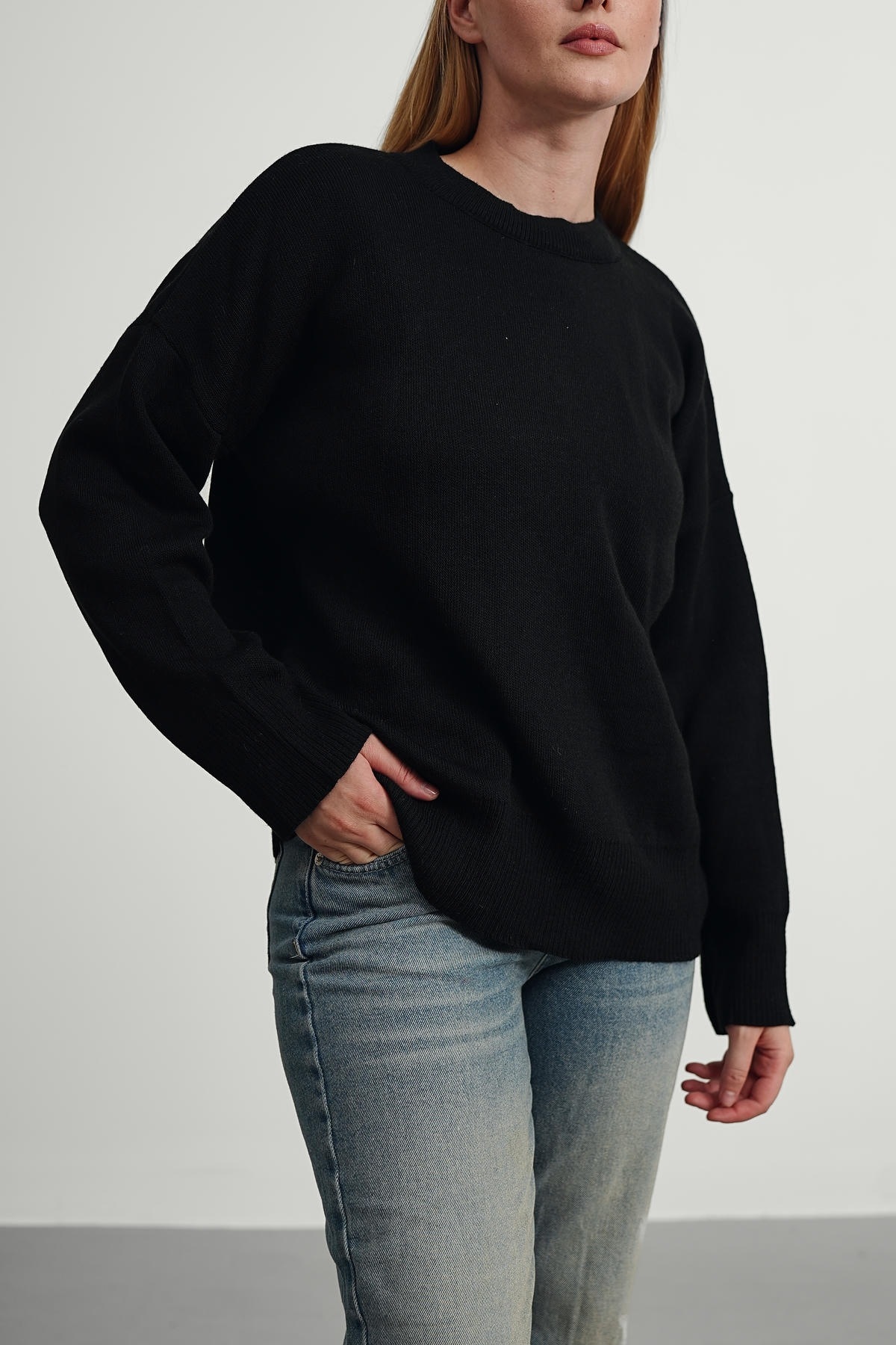 Gülce moda Siyah Bisiklet Yaka Oversize Triko Kazak görsel 2