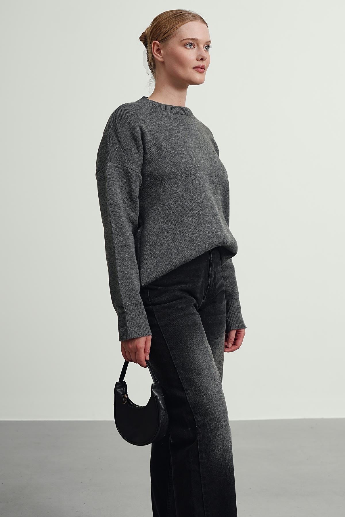 Gülce moda Antrasit Bisiklet Yaka Oversize Kadın Triko Kazak görsel 3
